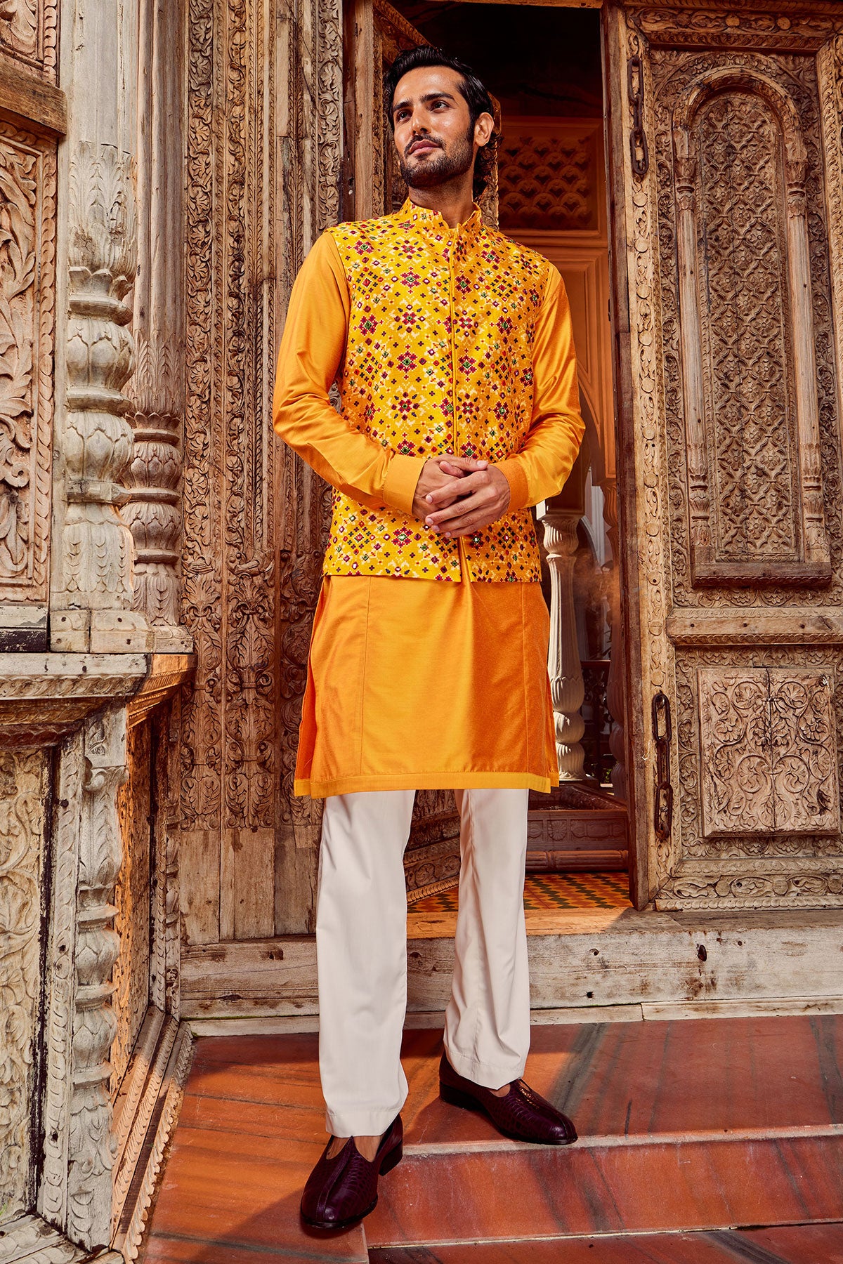 Haldi Raw Silk Mirror Embellished Bundi Set