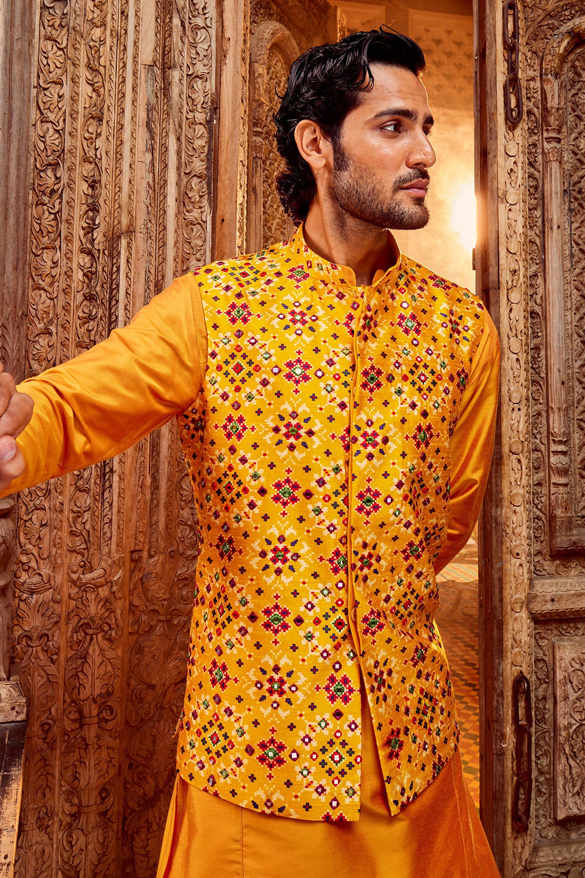 Haldi Raw Silk Mirror Embellished Bundi Set