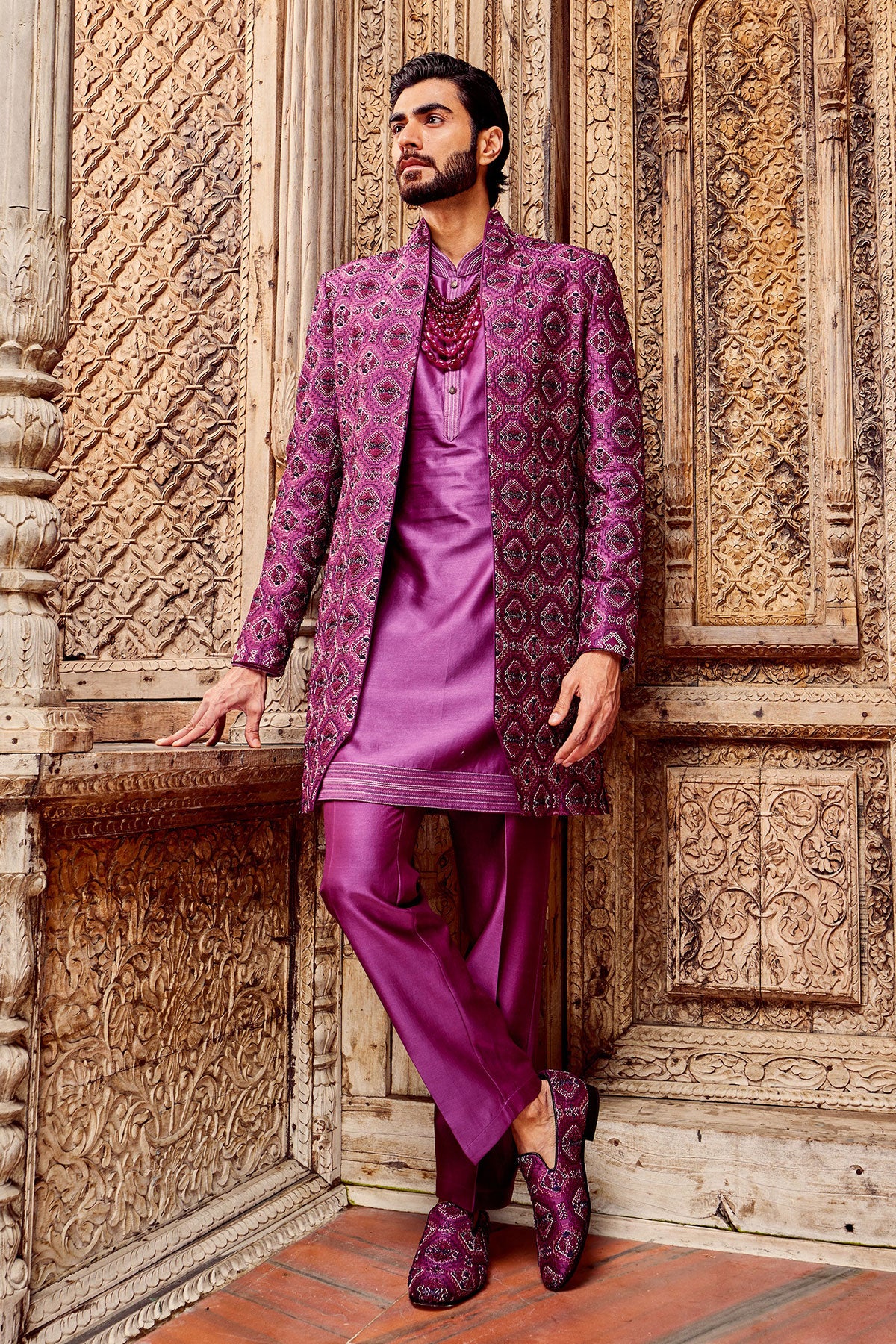 Purple Chanderi Silk Embroidered Open Indo-Western