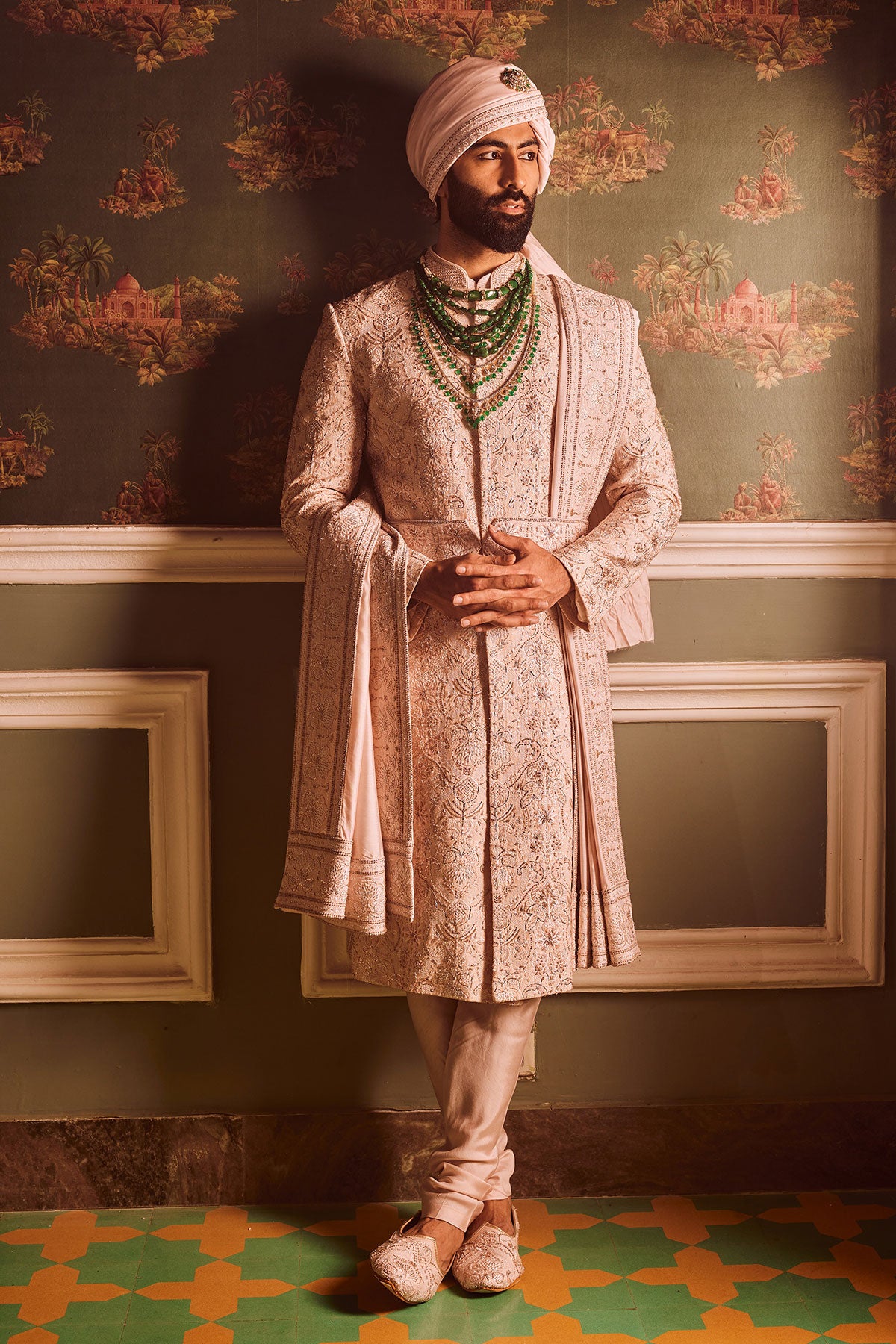 Light Pink Palm Silk Hand-Embroidered Sherwani