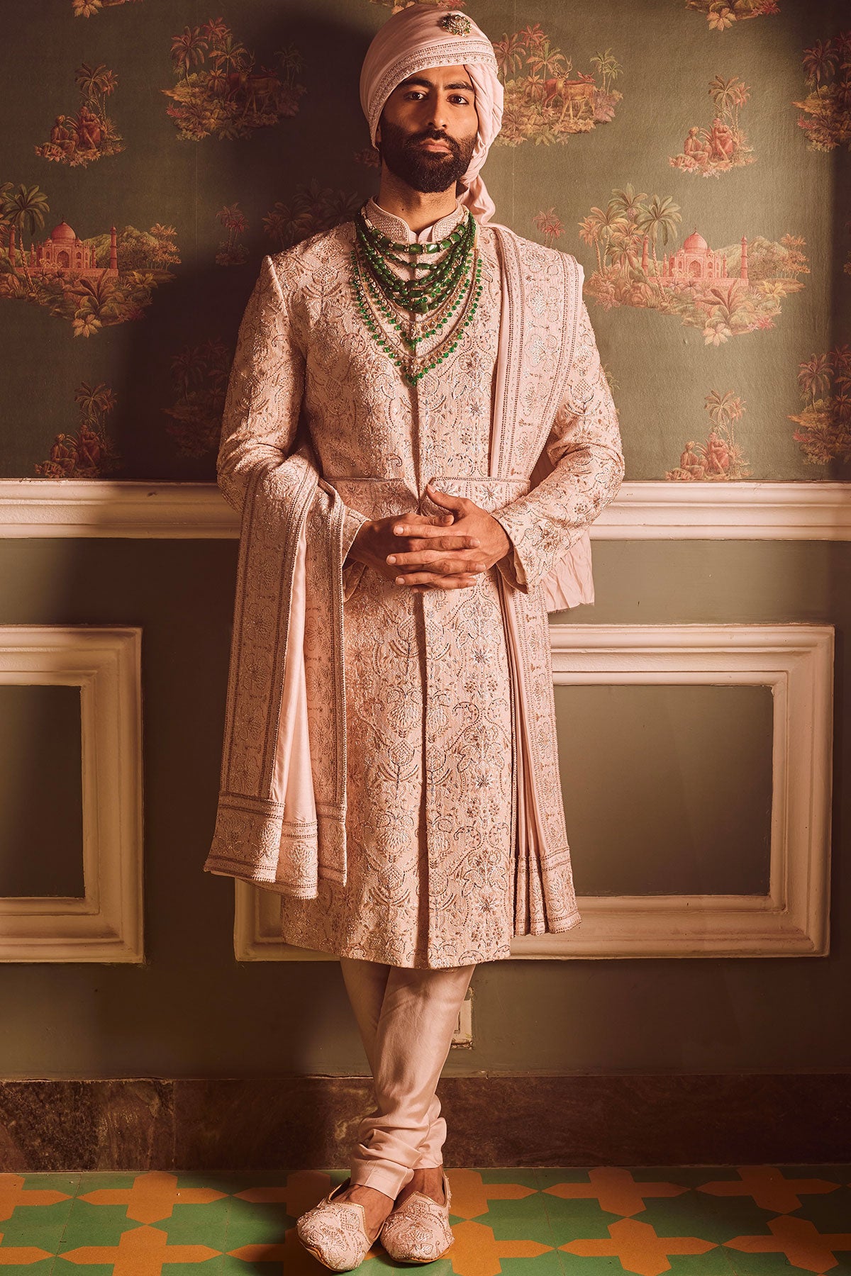 Light Pink Palm Silk Hand-Embroidered Sherwani