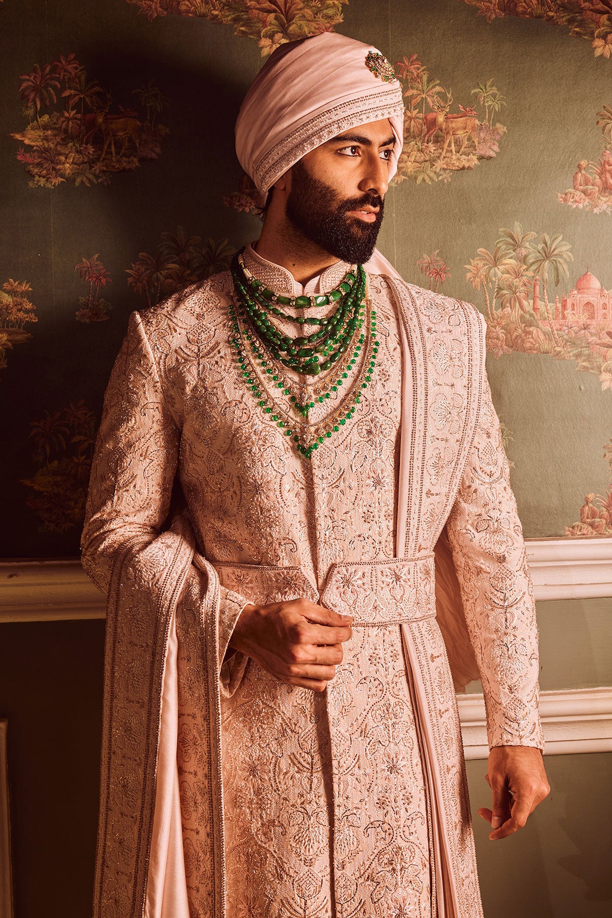 Light Pink Palm Silk Hand-Embroidered Sherwani