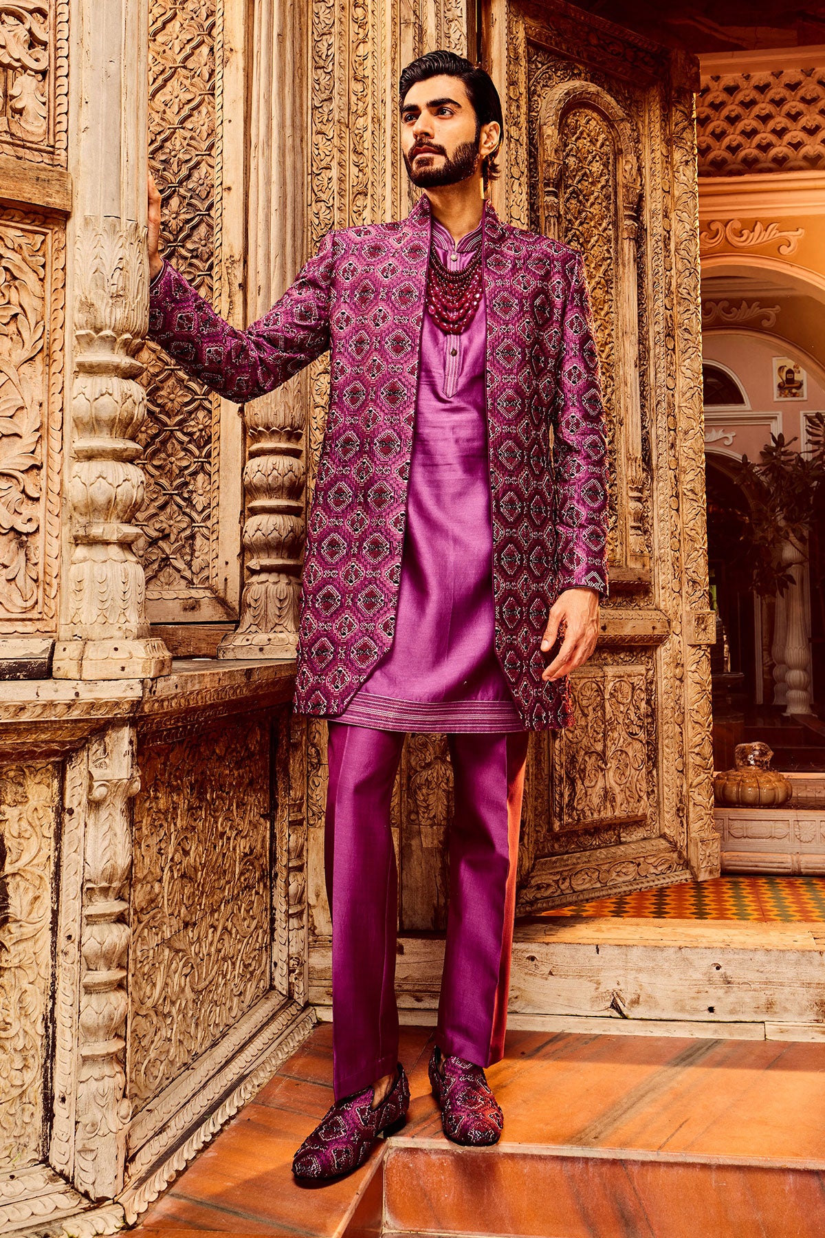 Purple Chanderi Silk Embroidered Open Indo-Western