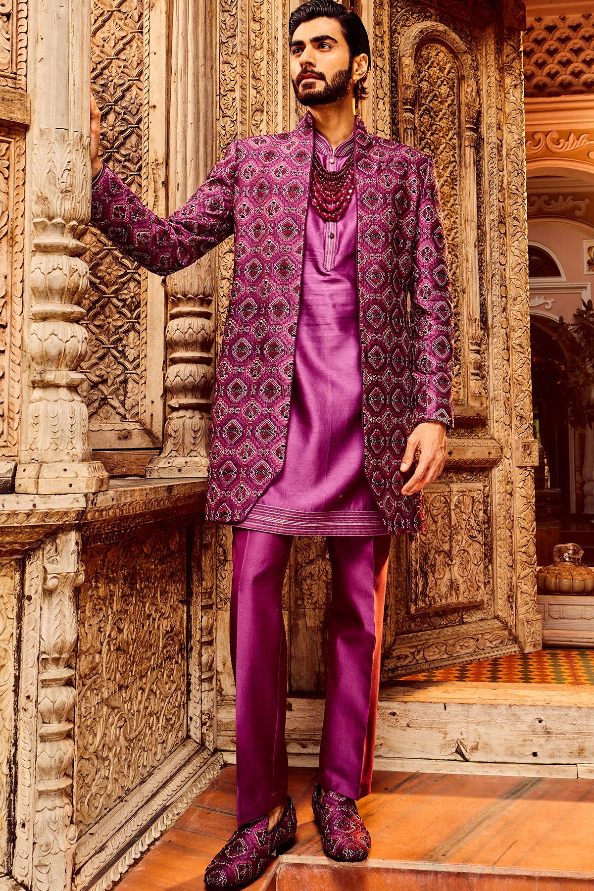 Purple Chanderi Silk Embroidered Open Indo-Western