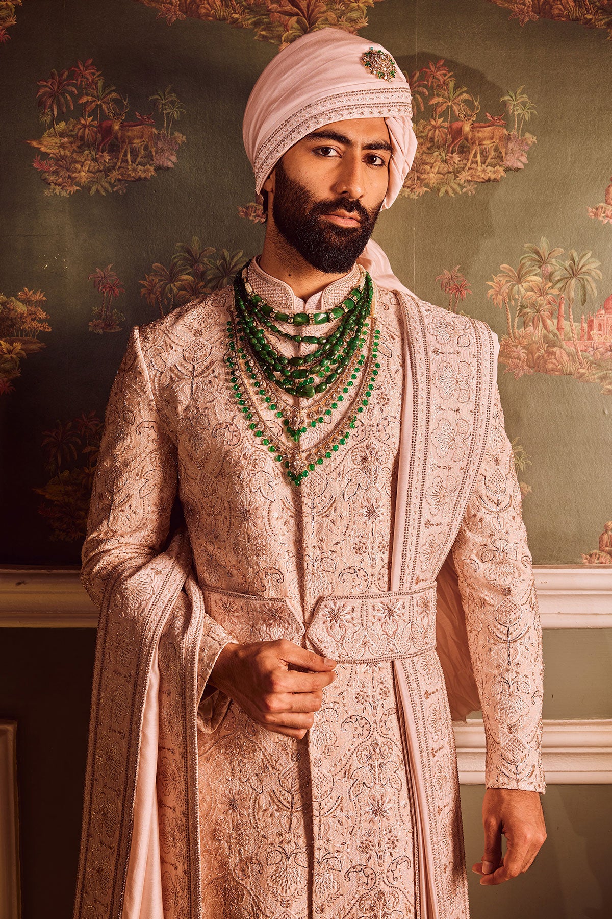 Light Pink Palm Silk Hand-Embroidered Sherwani