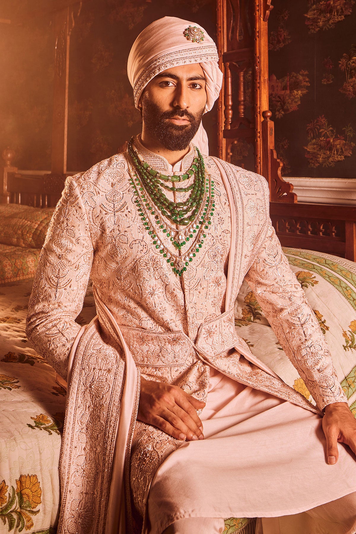 Light Pink Palm Silk Hand-Embroidered Sherwani