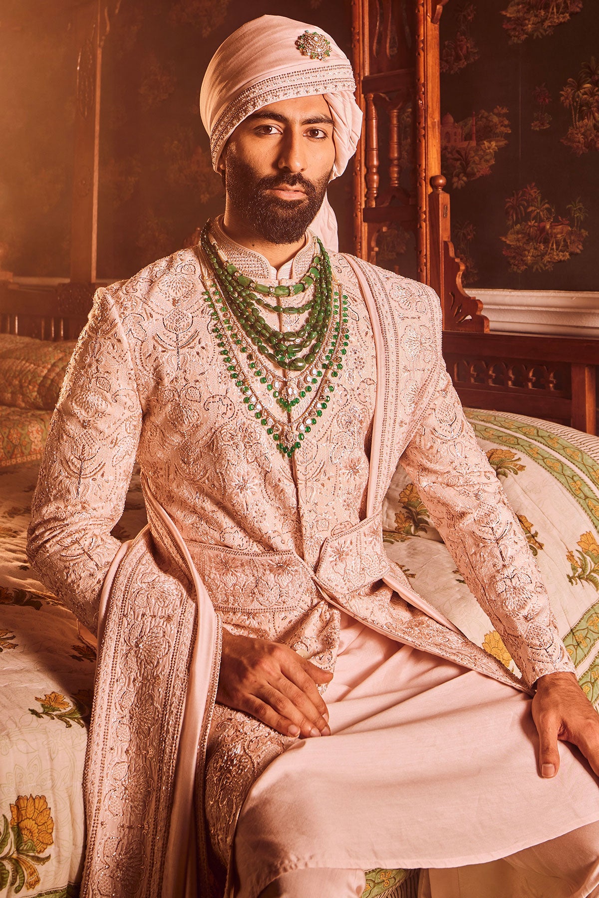 Light Pink Palm Silk Hand-Embroidered Sherwani