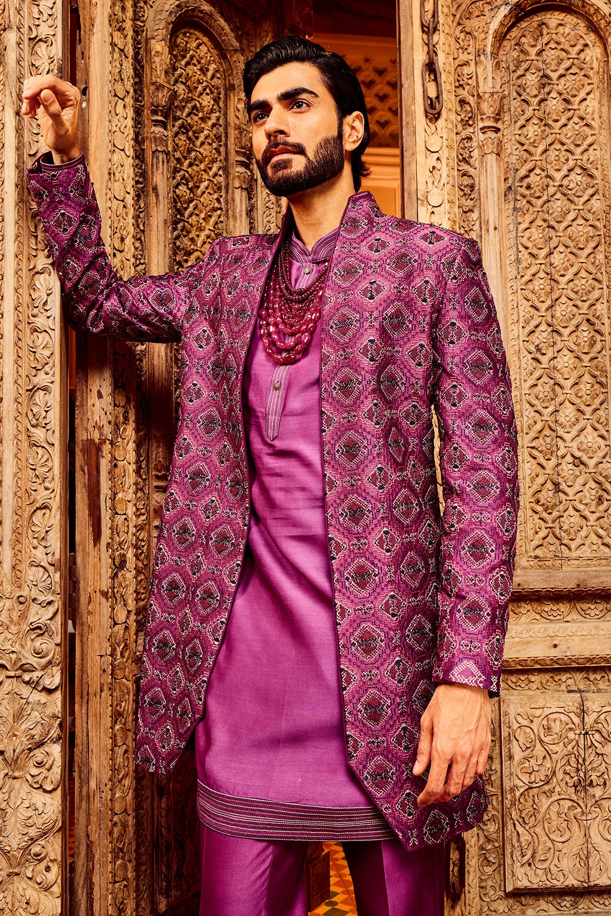 Purple Chanderi Silk Embroidered Open Indo-Western