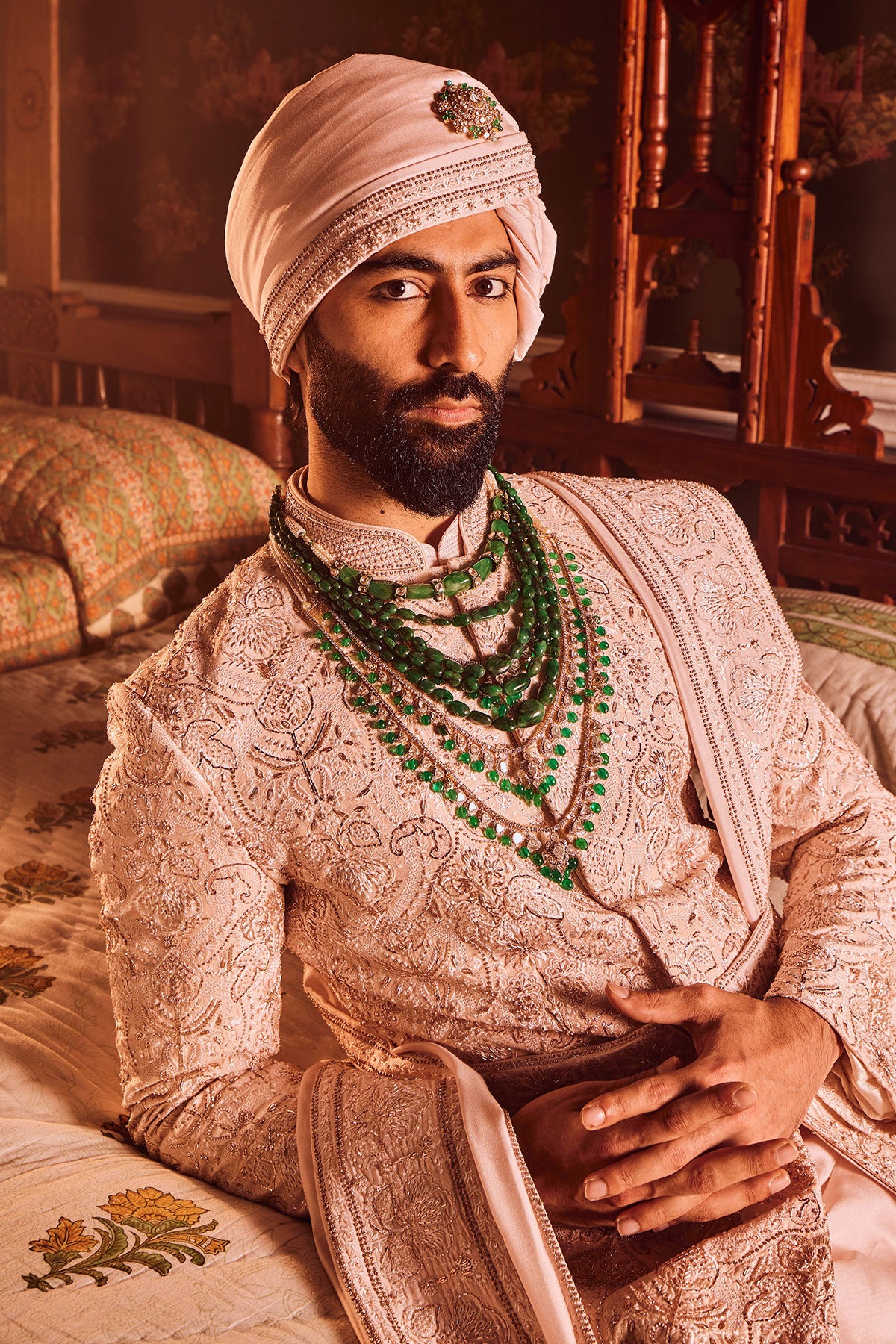 Light Pink Palm Silk Hand-Embroidered Sherwani