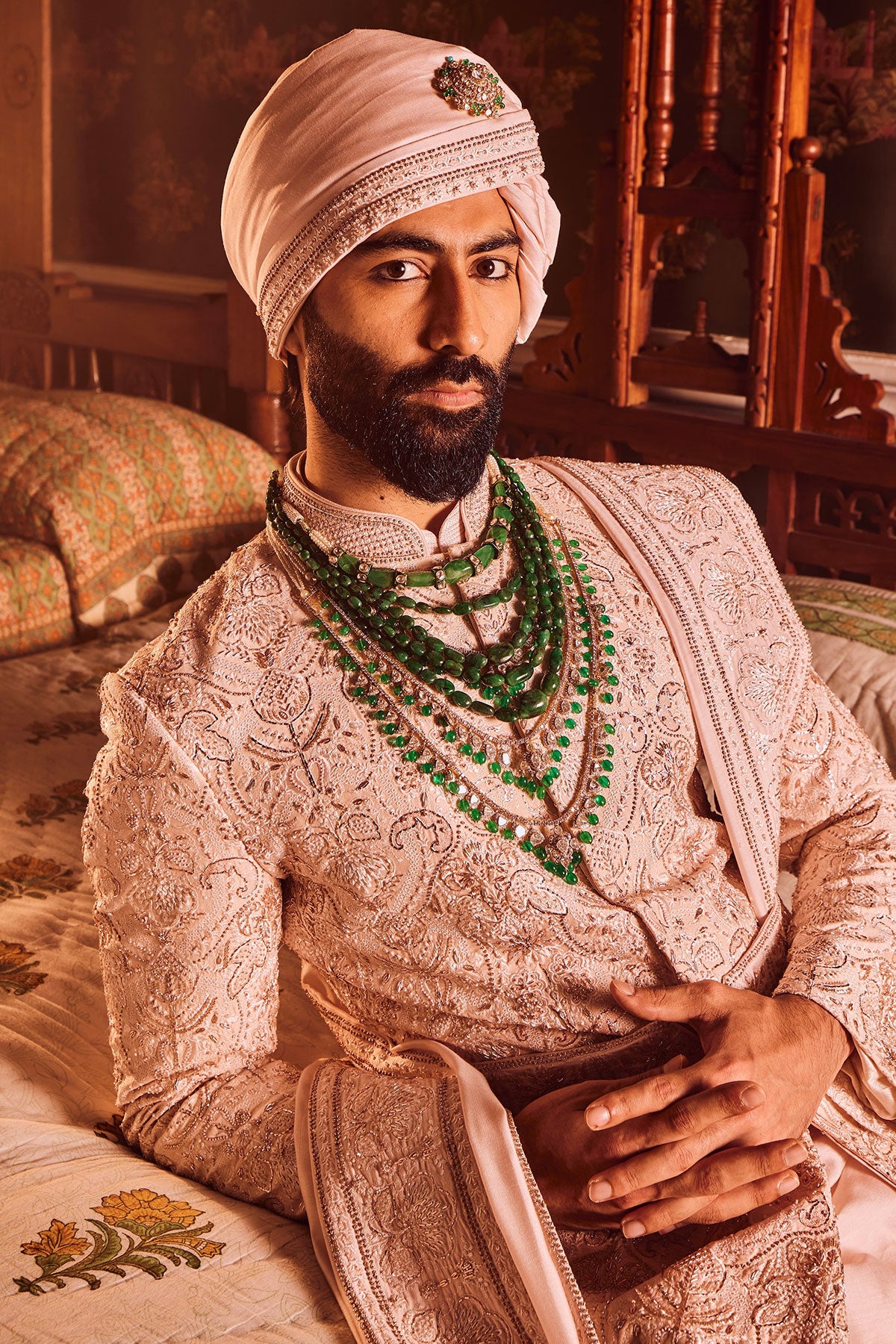 Light Pink Palm Silk Hand-Embroidered Sherwani