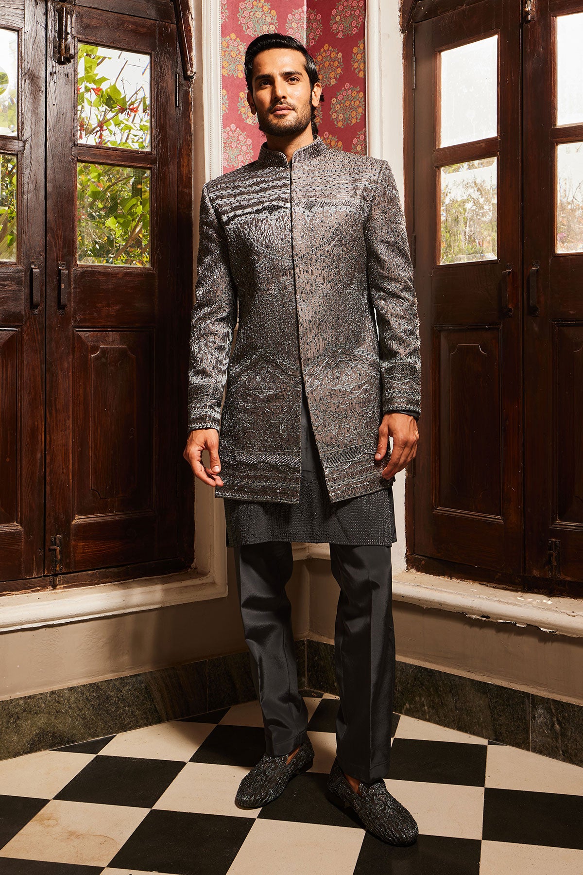 Charcoal Grey Raw Silk Embroidered Indo-Western Set