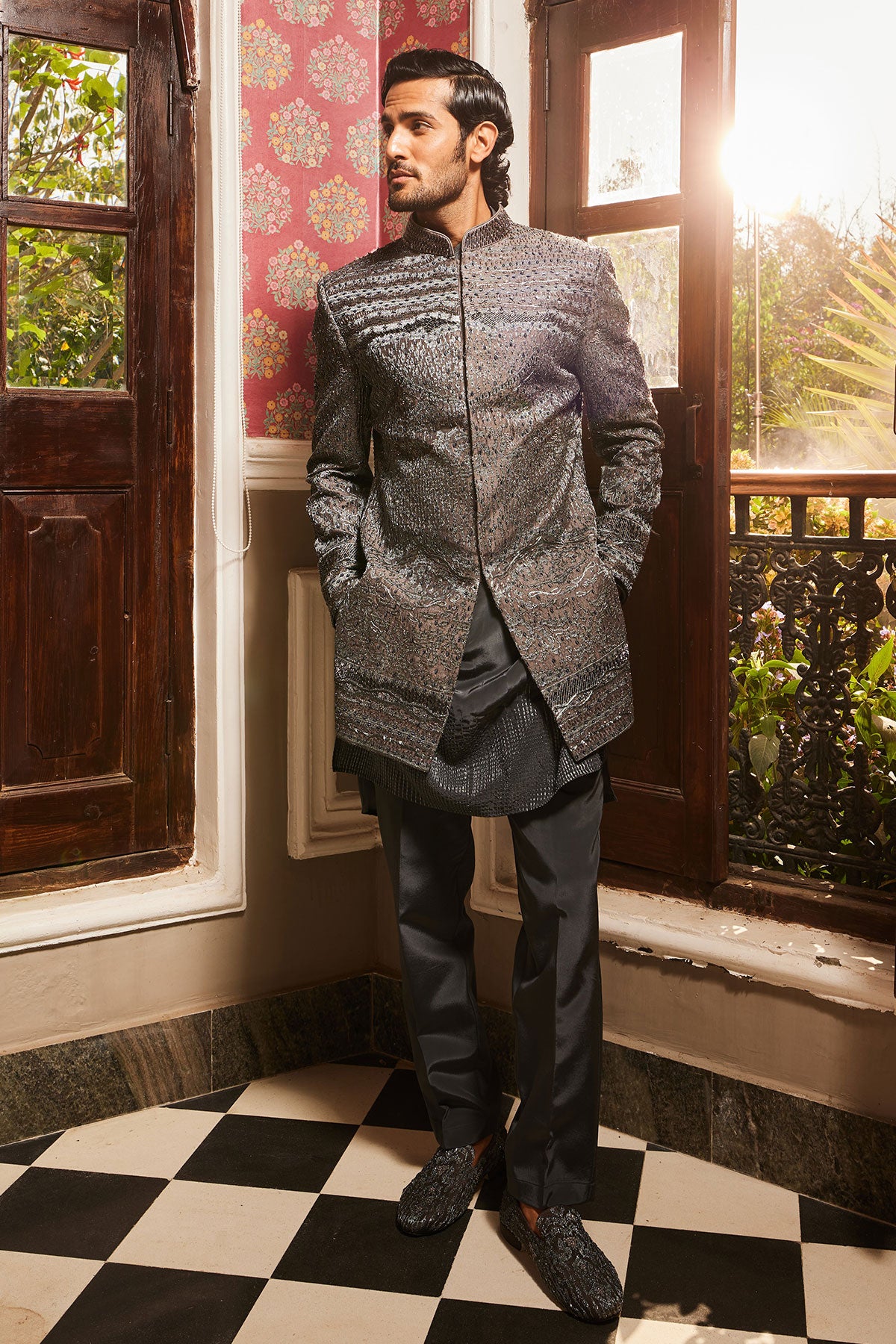 Charcoal Grey Raw Silk Embroidered Indo-Western Set