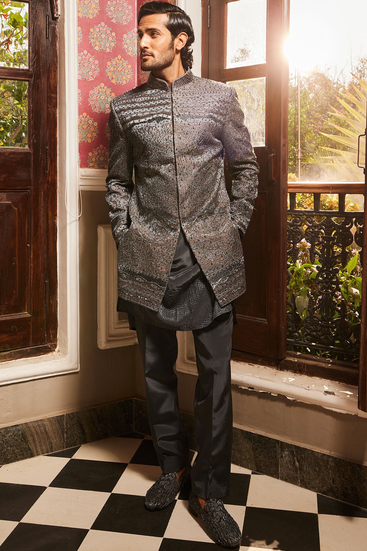 Charcoal Grey Raw Silk Embroidered Indo-Western Set