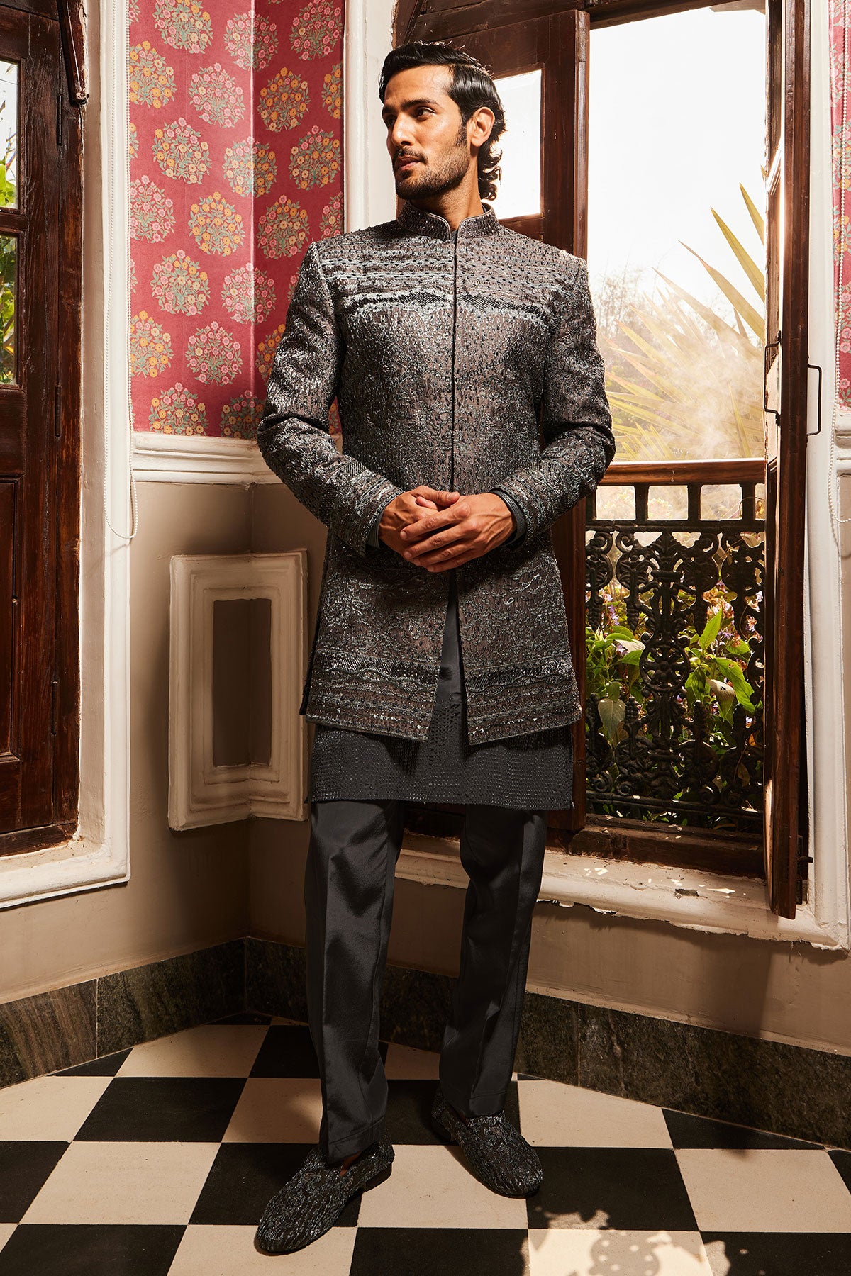Charcoal Grey Raw Silk Embroidered Indo-Western Set