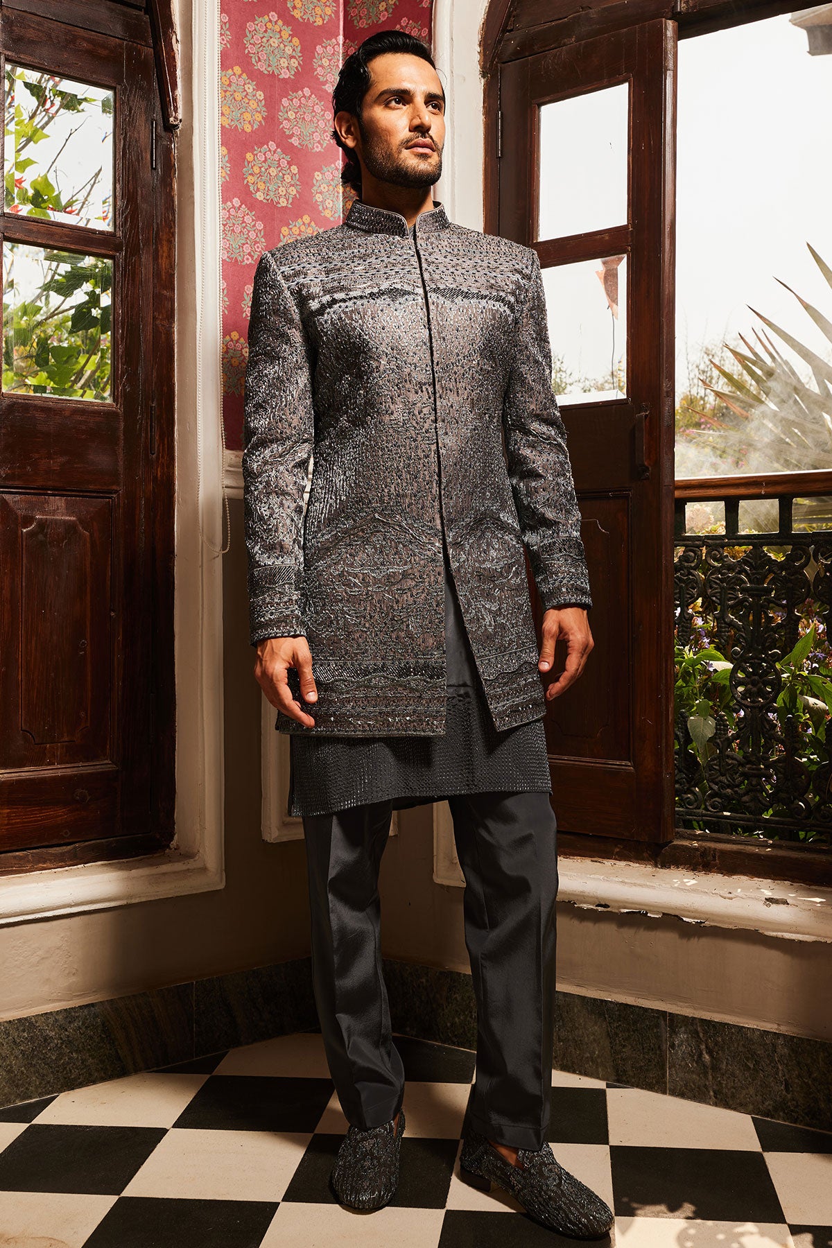 Charcoal Grey Raw Silk Embroidered Indo-Western Set