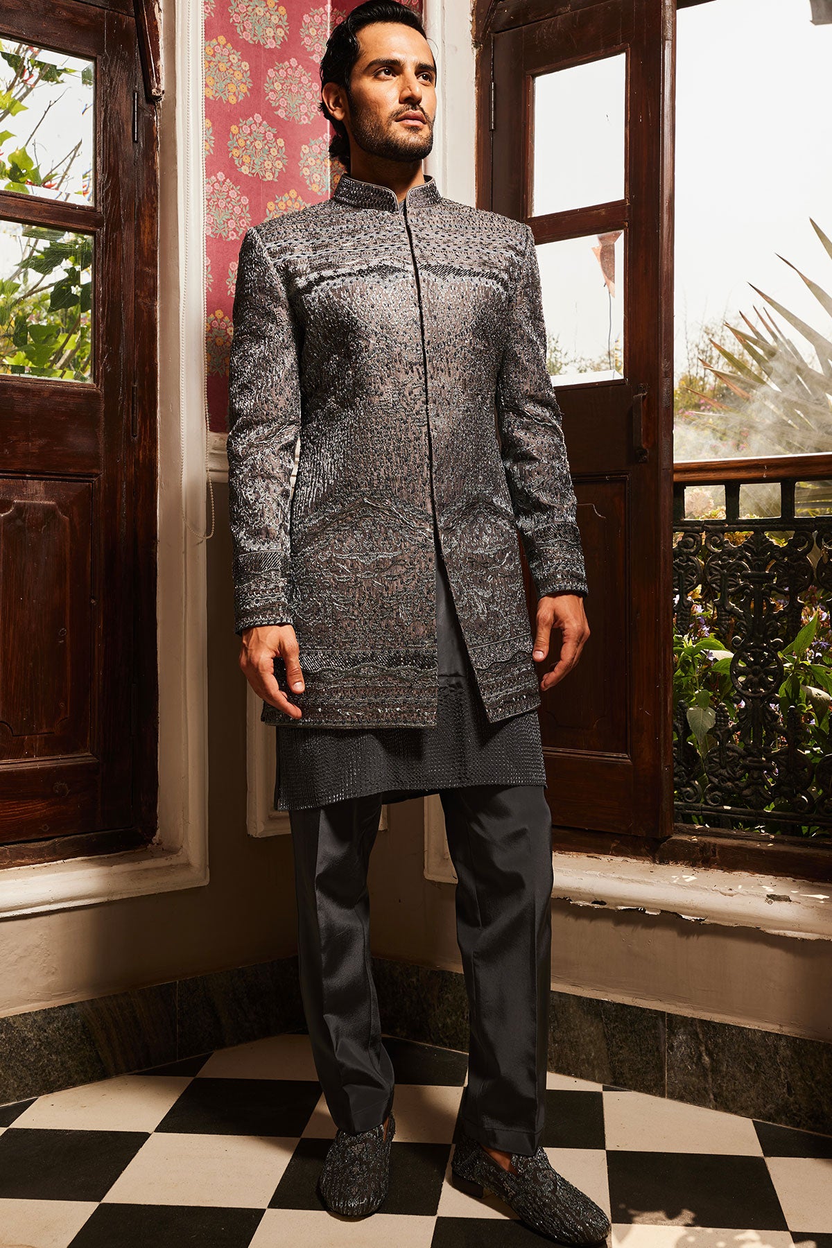 Charcoal Grey Raw Silk Embroidered Indo-Western Set