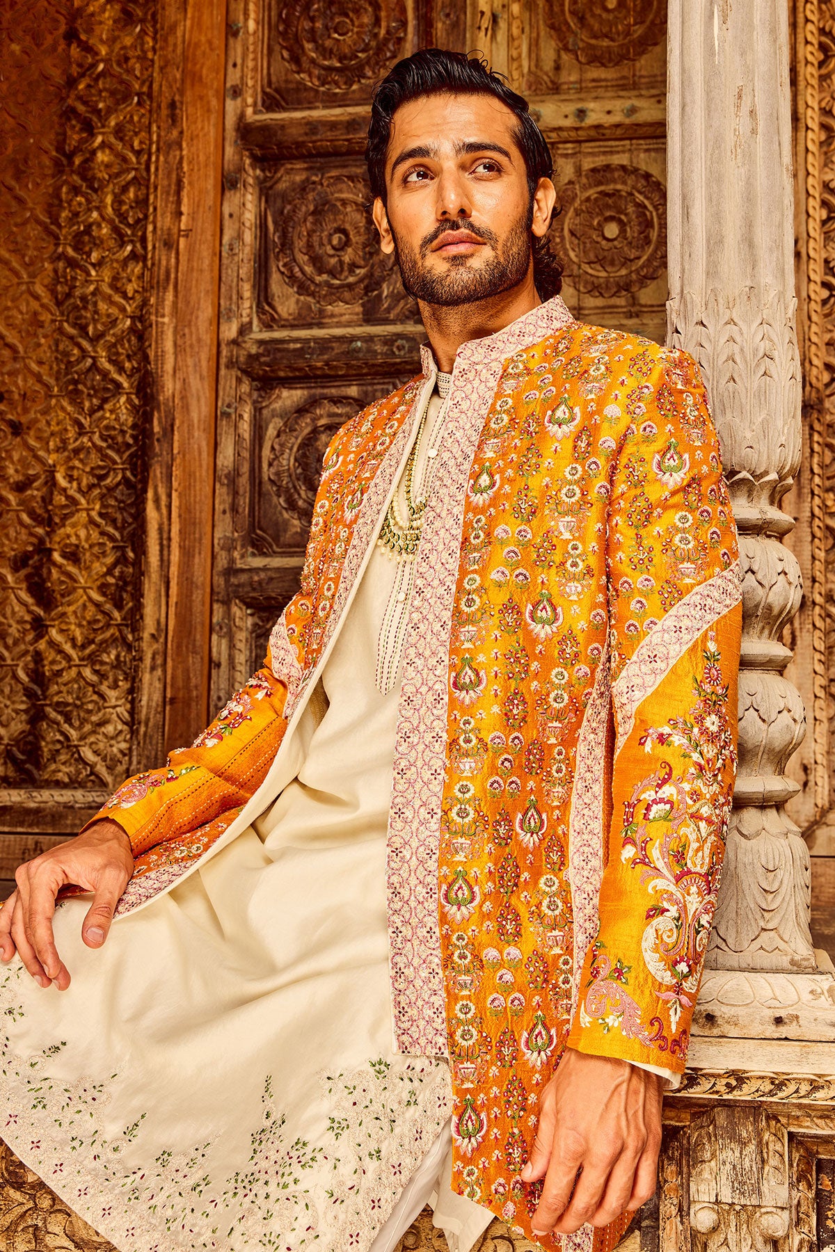 Orange Open Raw Silk Embroidered Indo-Western