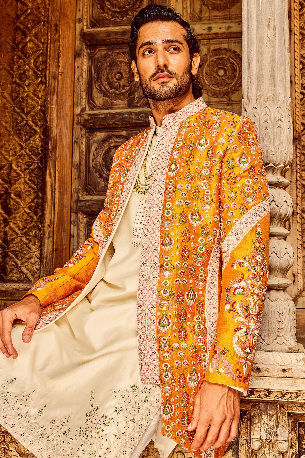 Orange Open Raw Silk Embroidered Indo-Western