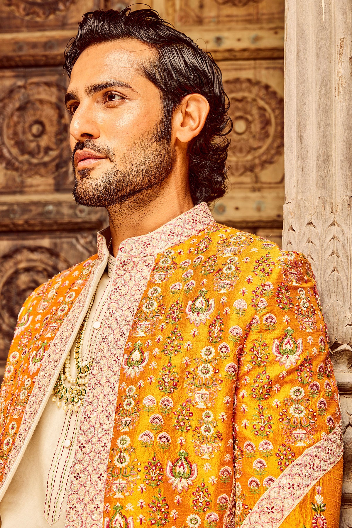 Orange Open Raw Silk Embroidered Indo-Western