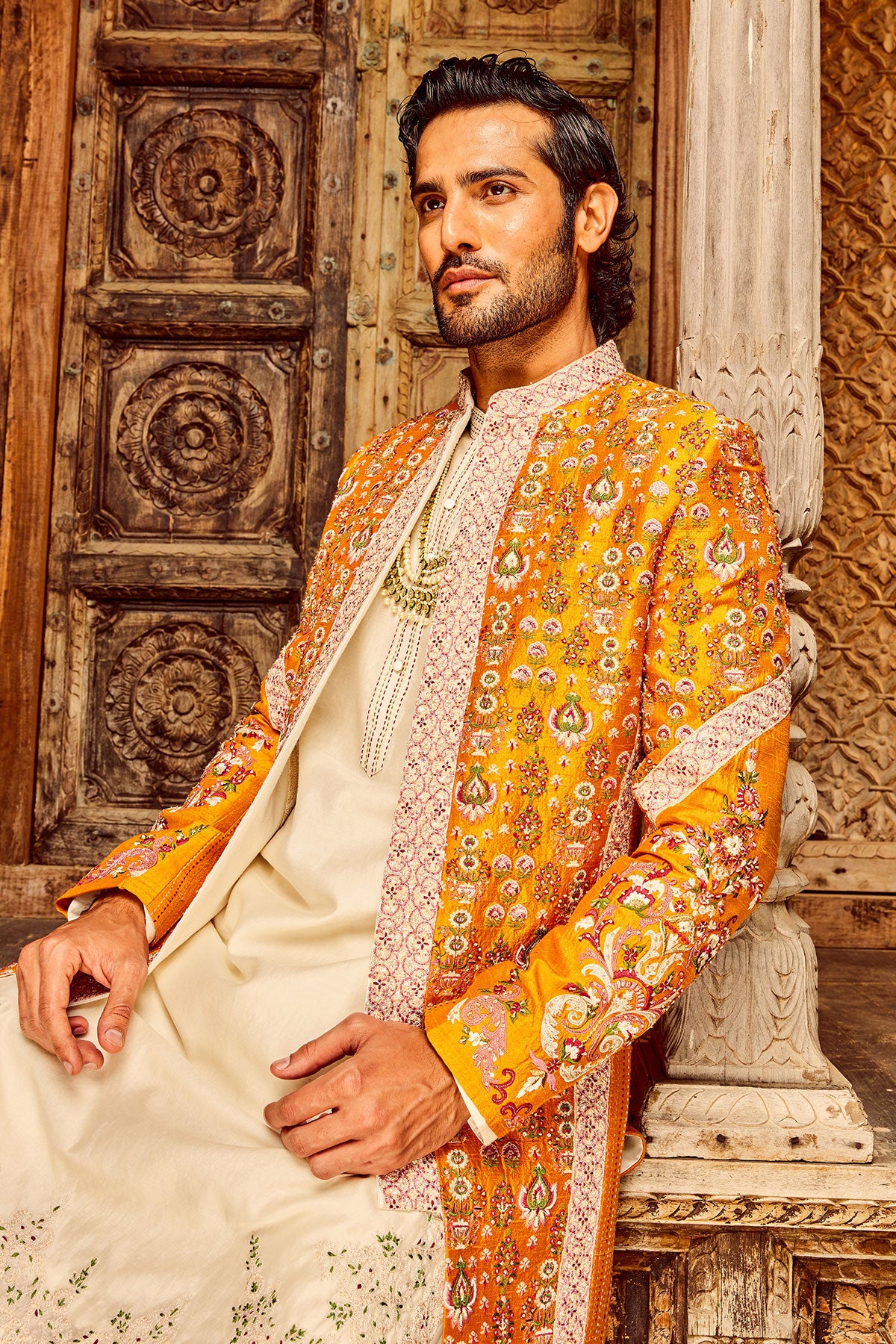 Orange Open Raw Silk Embroidered Indo-Western