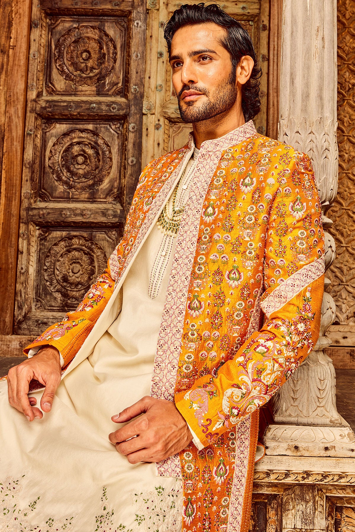 Orange Open Raw Silk Embroidered Indo-Western