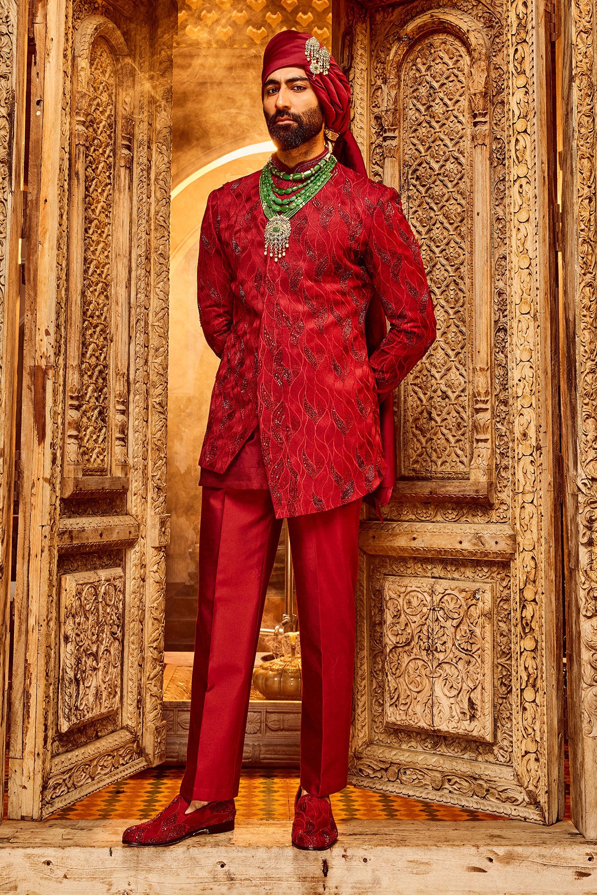 Deep Red Chanderi Silk Asymmetrical Sherwani