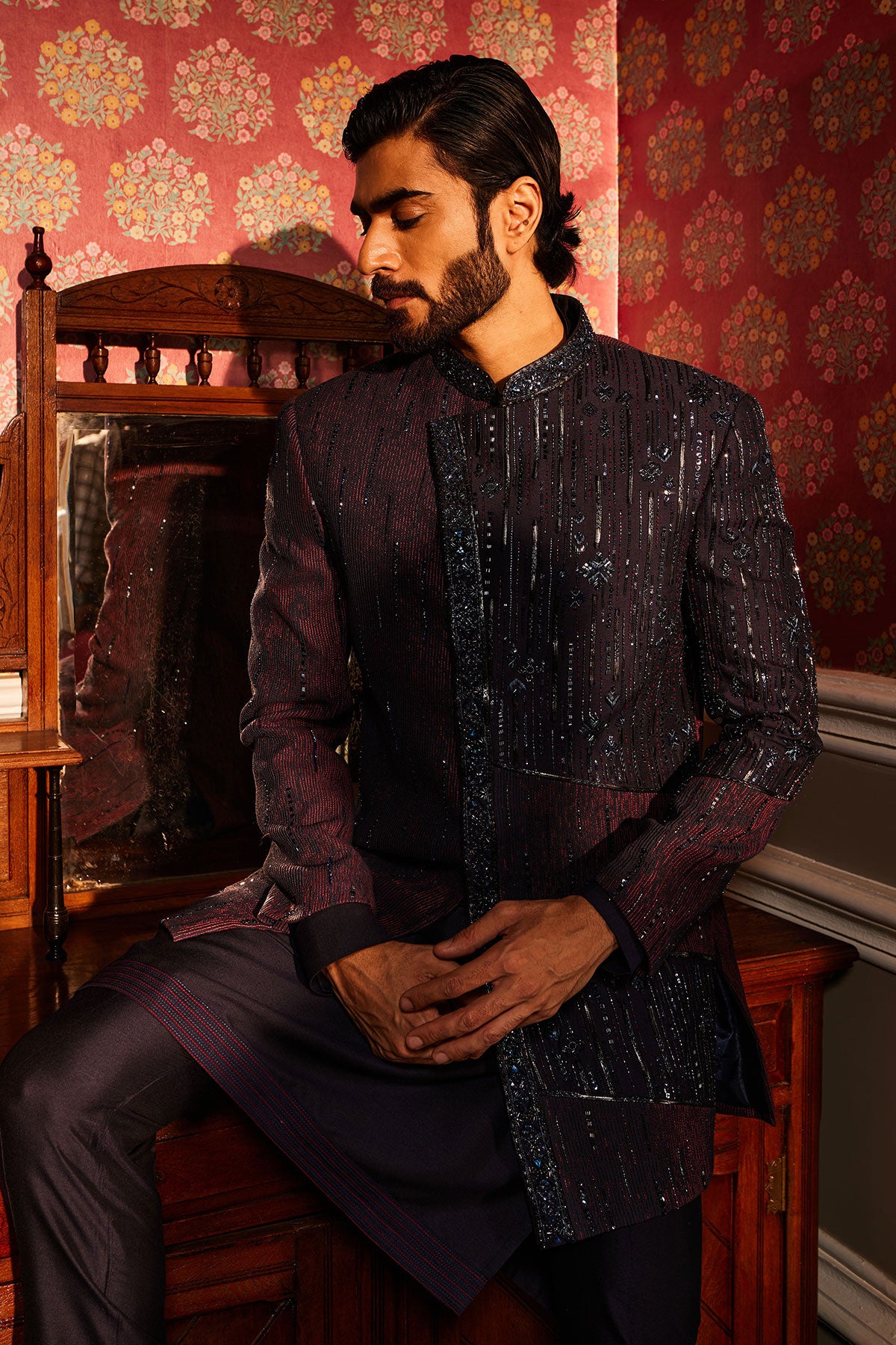 Twilight Embroidered Asymmetrical Silk Indo-Western Set