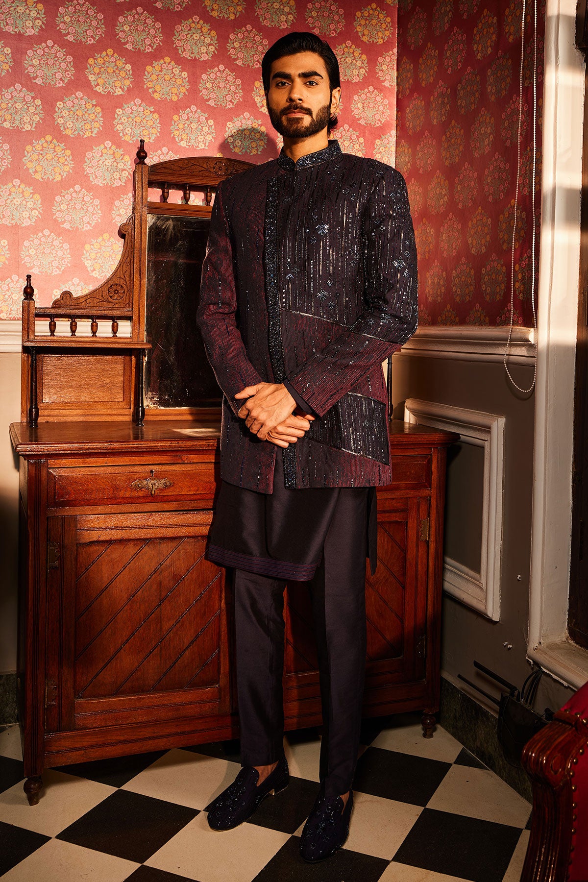 Twilight Embroidered Asymmetrical Silk Indo-Western Set