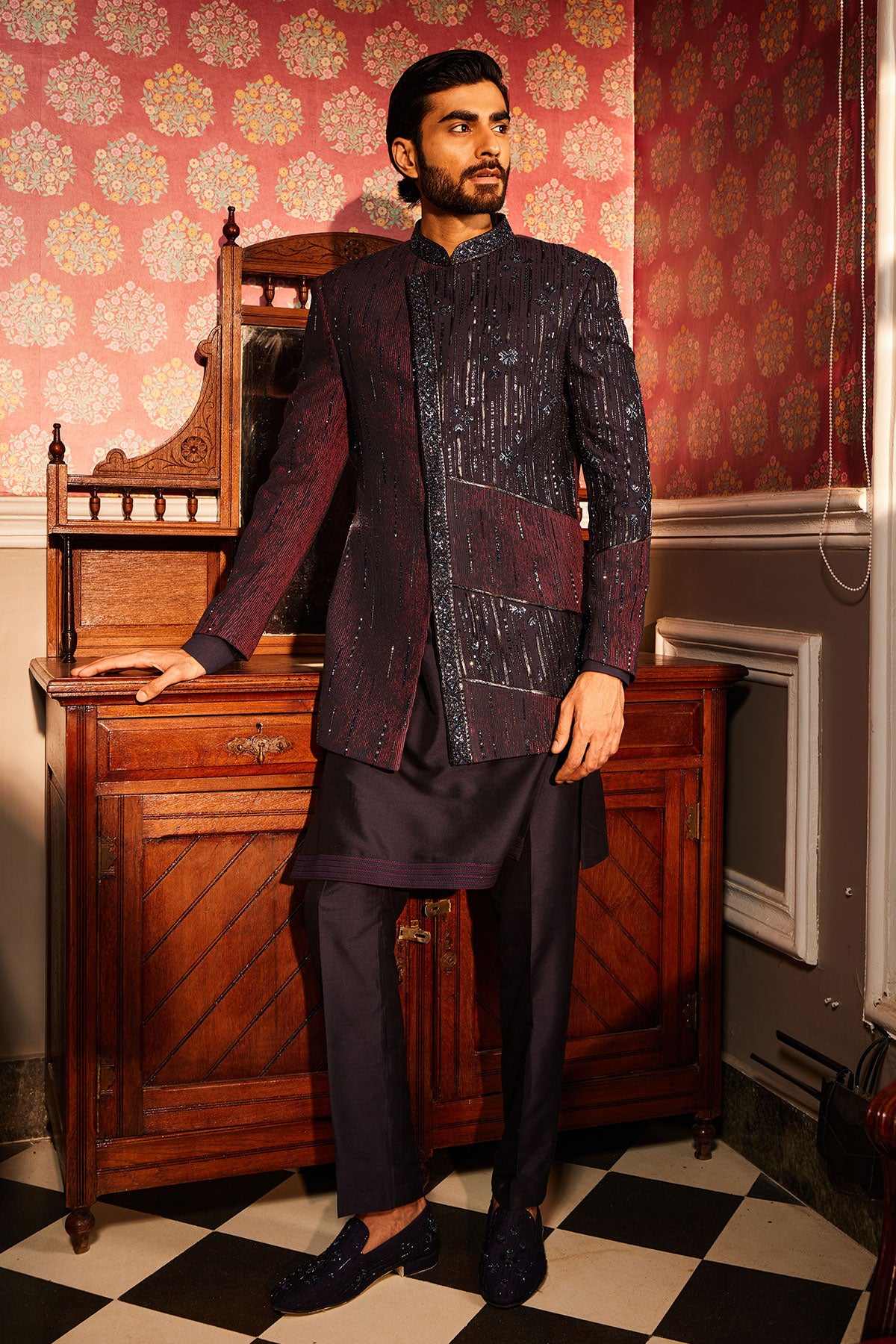 Twilight Embroidered Asymmetrical Silk Indo-Western Set