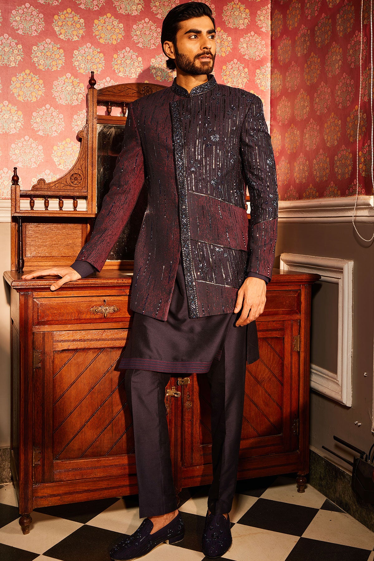 Twilight Embroidered Asymmetrical Silk Indo-Western Set