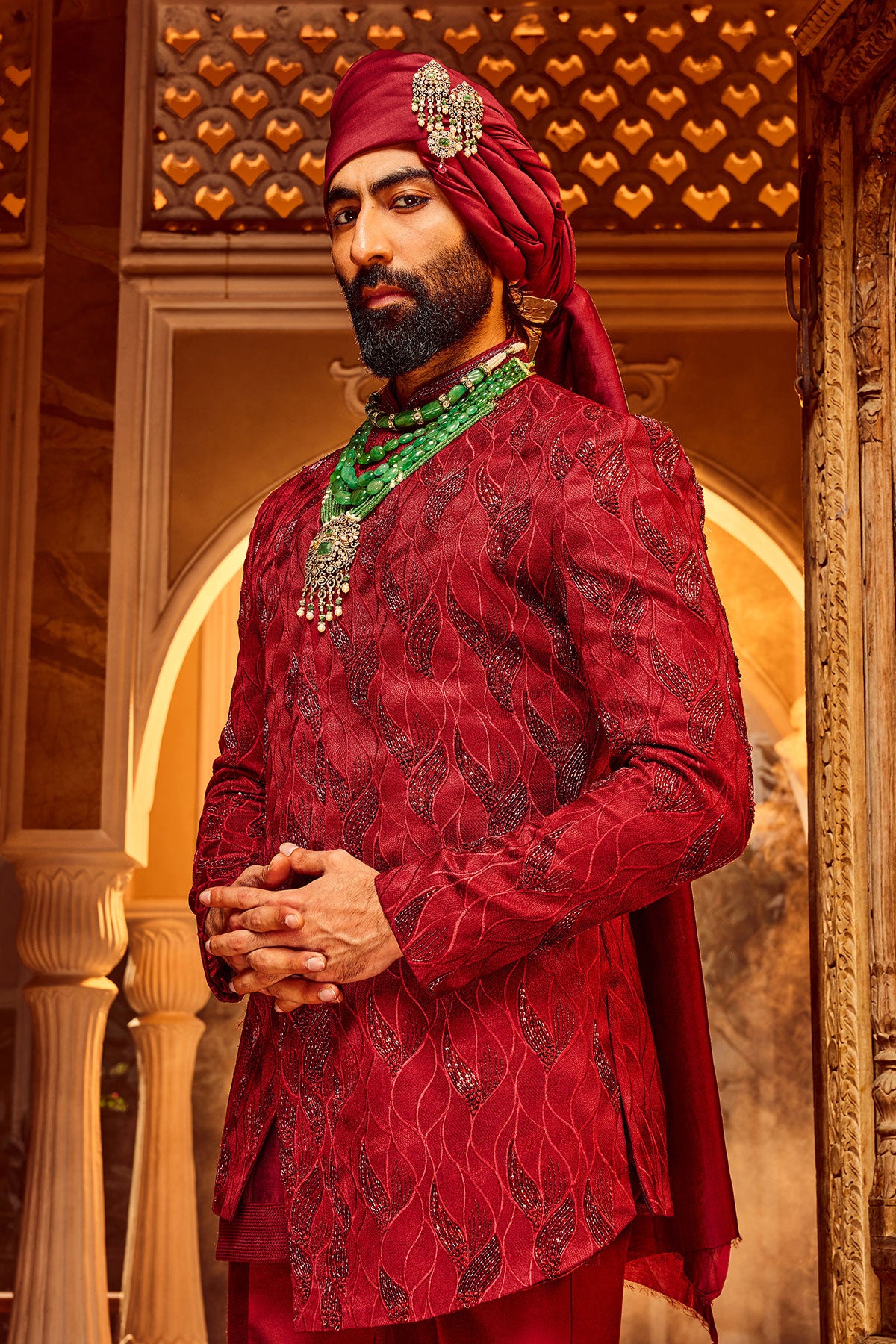 Deep Red Chanderi Silk Asymmetrical Sherwani
