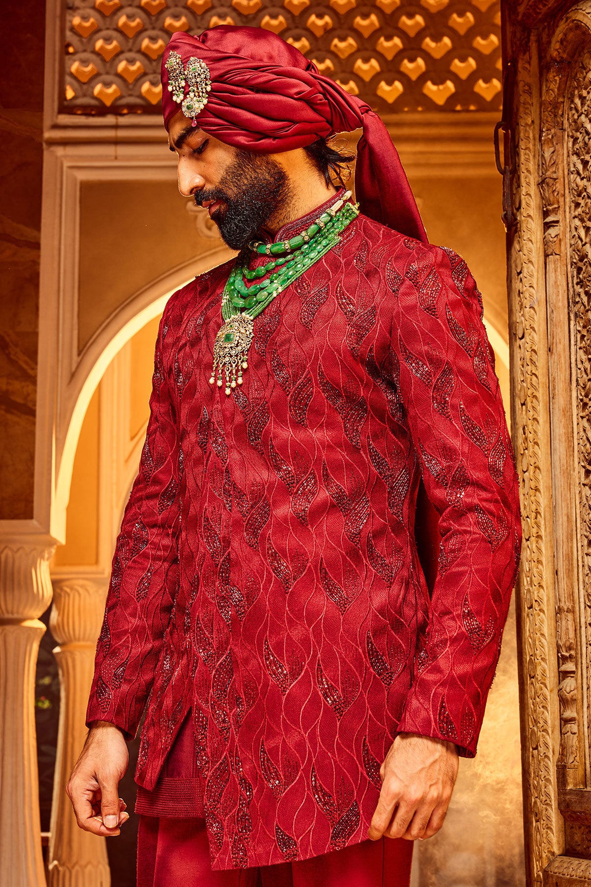 Deep Red Chanderi Silk Asymmetrical Sherwani