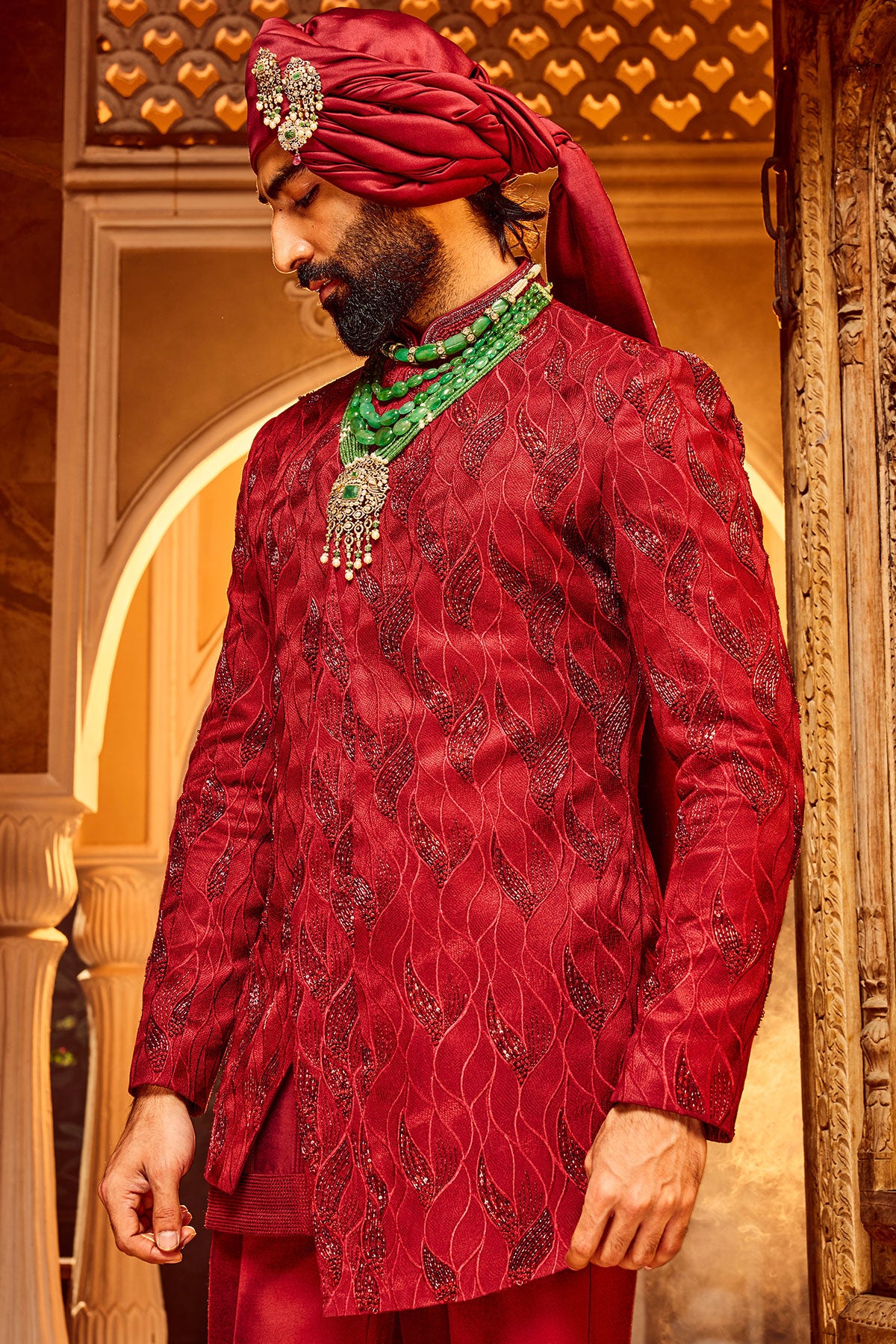 Deep Red Chanderi Silk Asymmetrical Sherwani