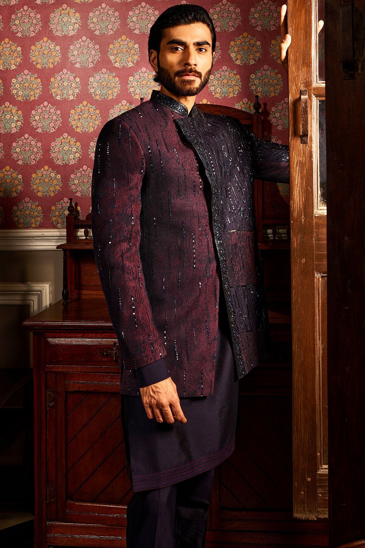 Twilight Embroidered Asymmetrical Silk Indo-Western Set