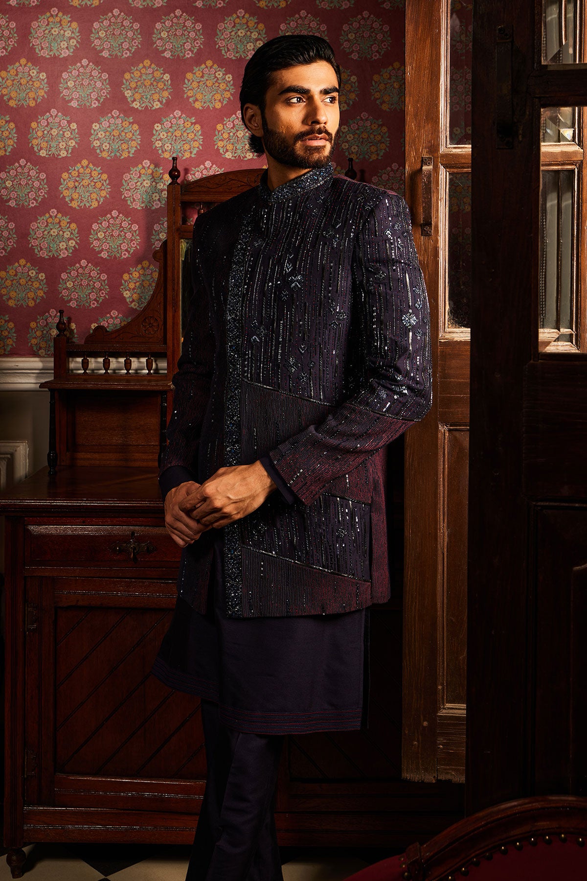 Twilight Embroidered Asymmetrical Silk Indo-Western Set