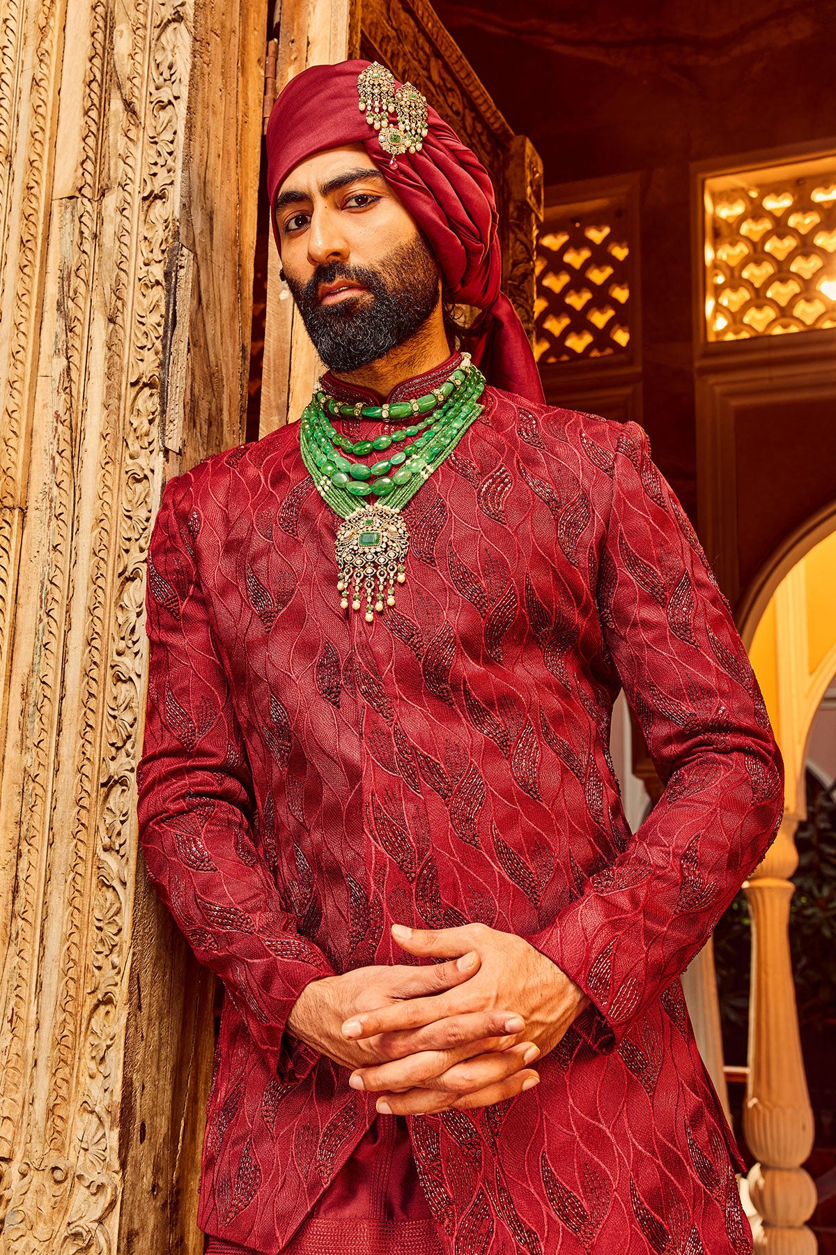 Deep Red Chanderi Silk Asymmetrical Sherwani
