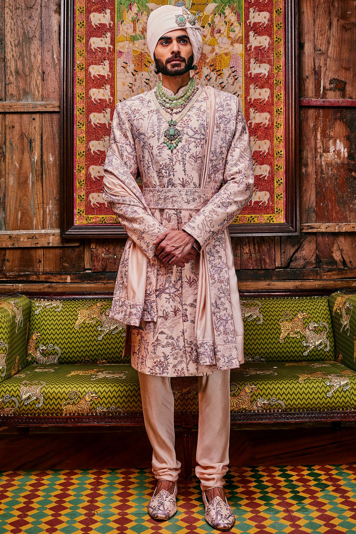 Peach Chanderi Moti Embroidered Sherwani