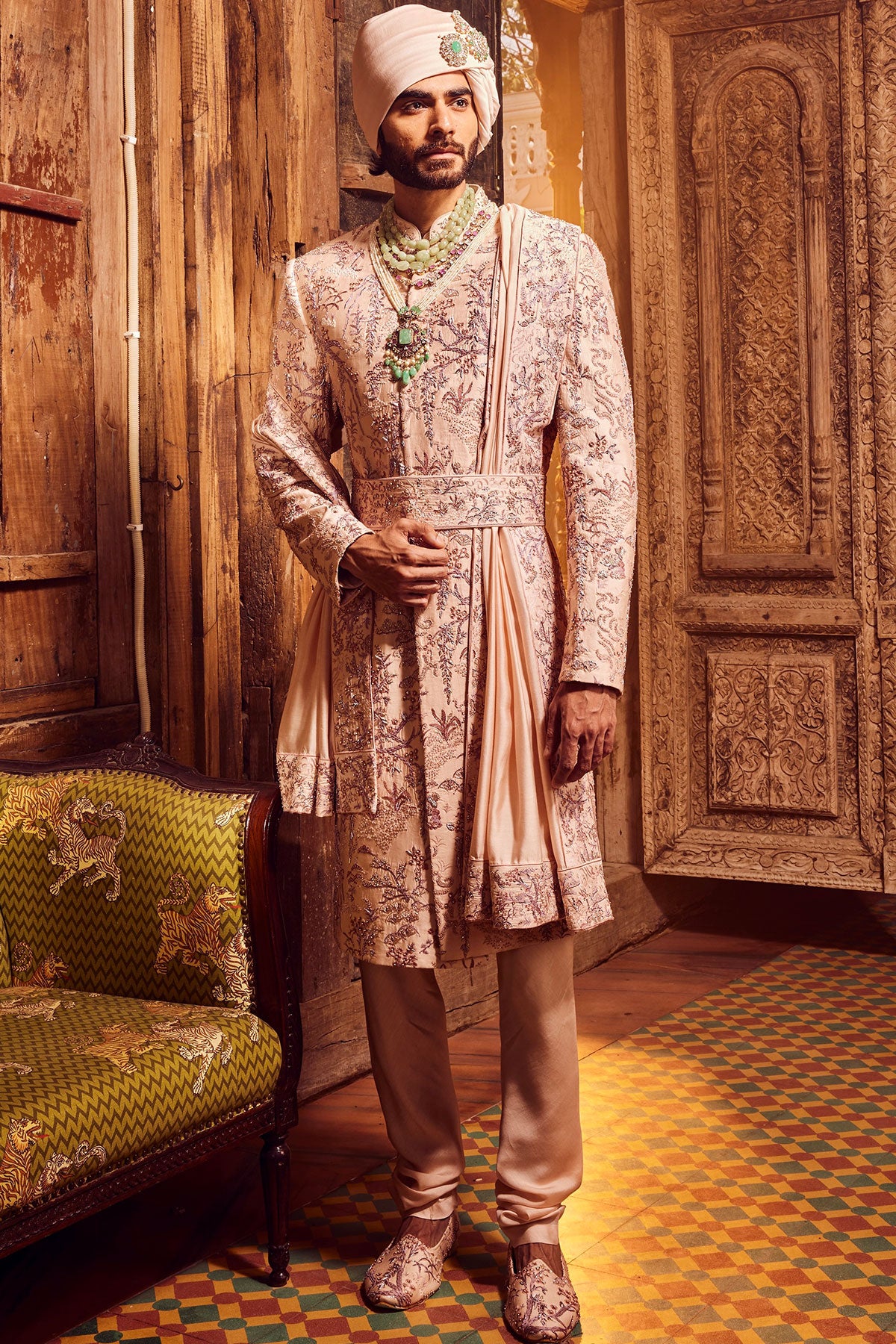 Peach Chanderi Moti Embroidered Sherwani
