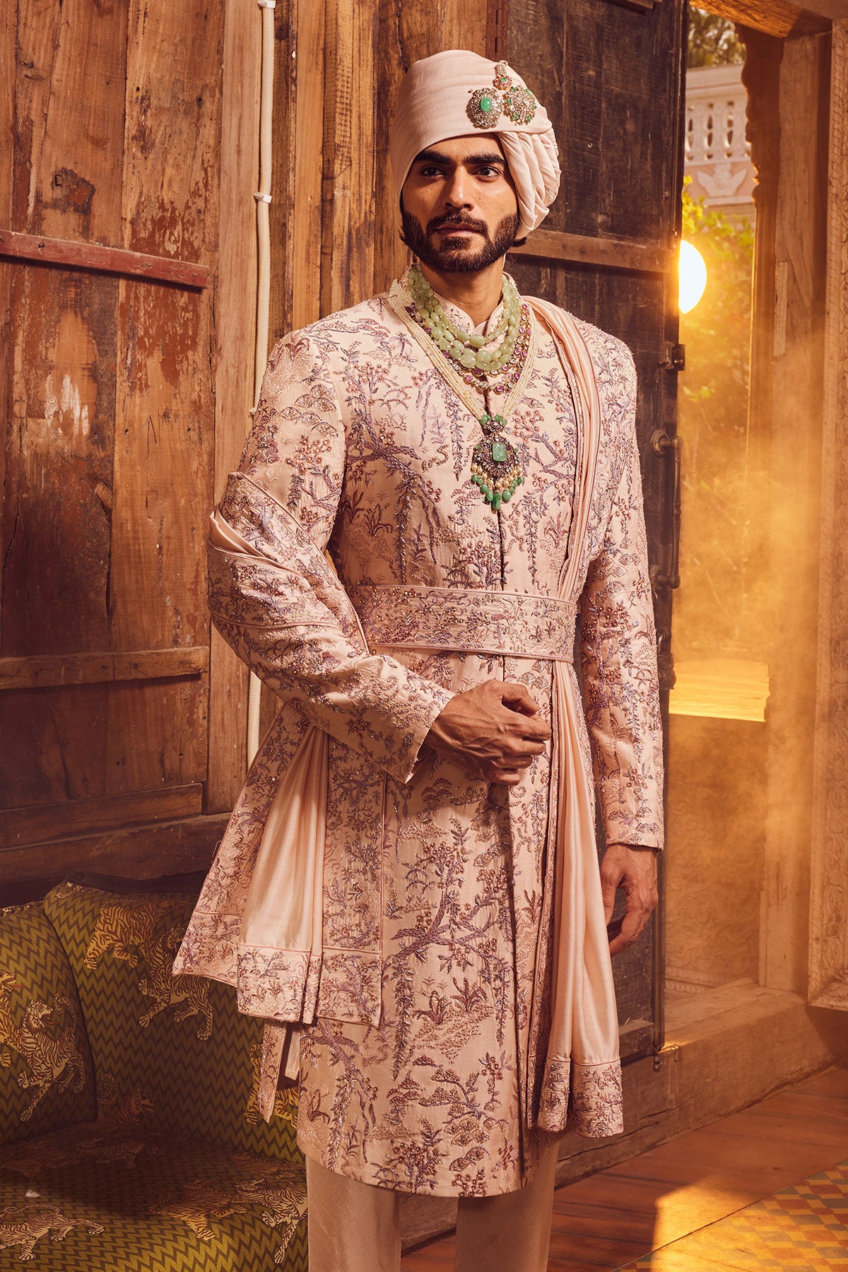 Peach Chanderi Moti Embroidered Sherwani