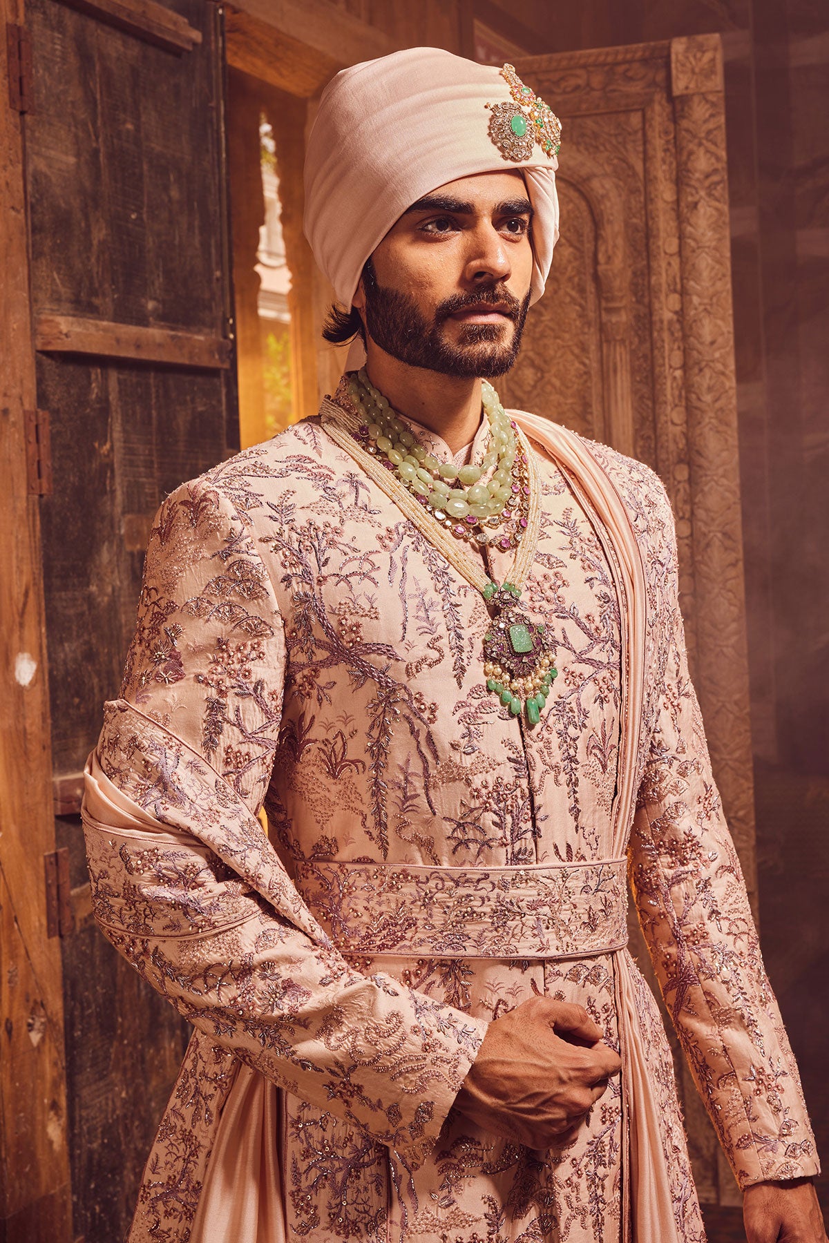 Peach Chanderi Moti Embroidered Sherwani