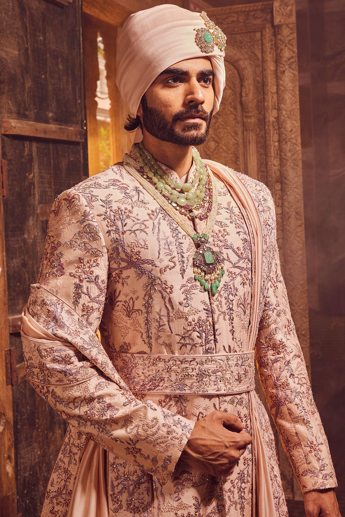 Peach Chanderi Moti Embroidered Sherwani