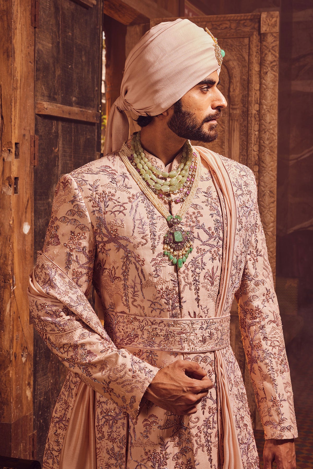 Peach Chanderi Moti Embroidered Sherwani