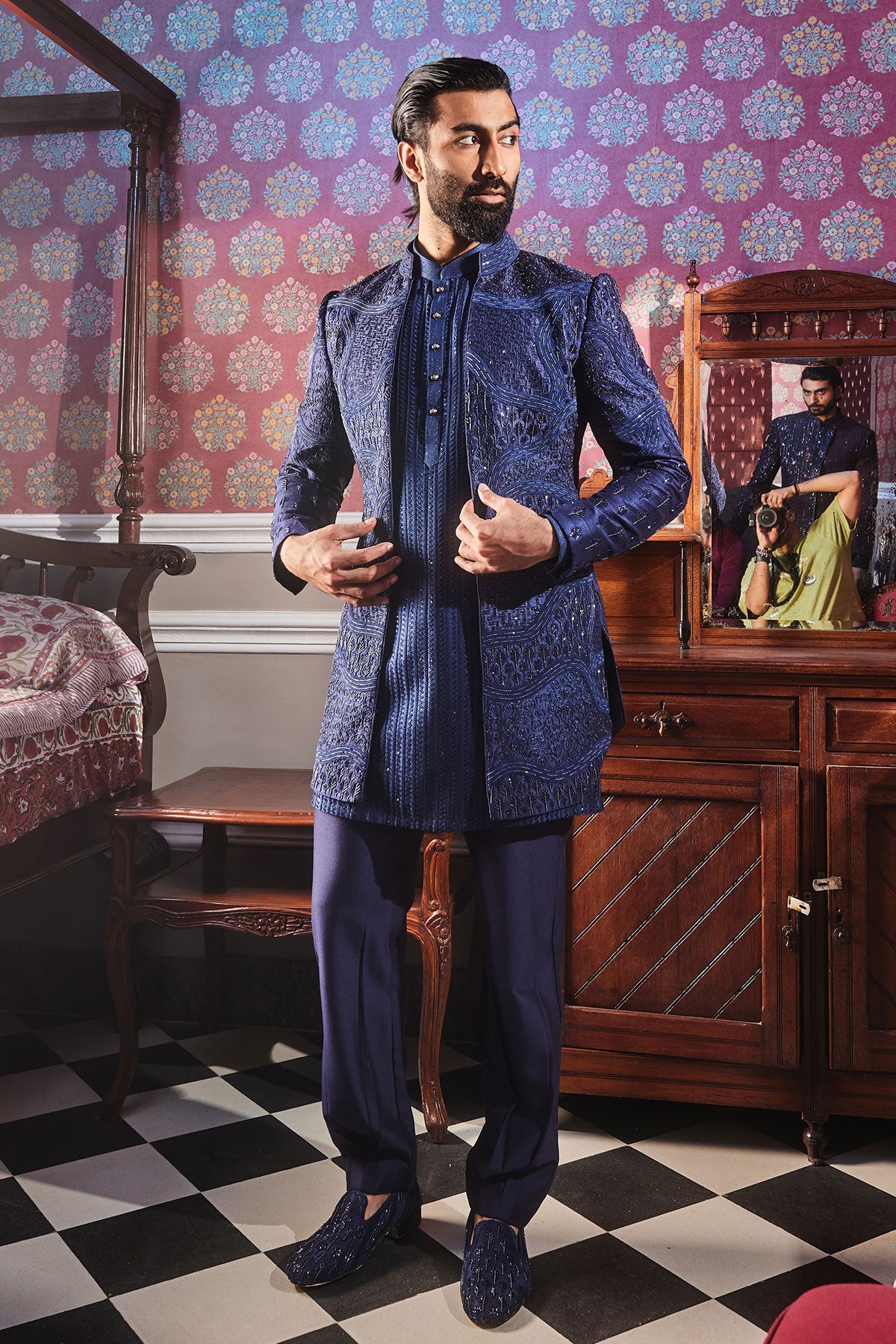 Navy Open Raw Silk Embroidered Indo-Western Set