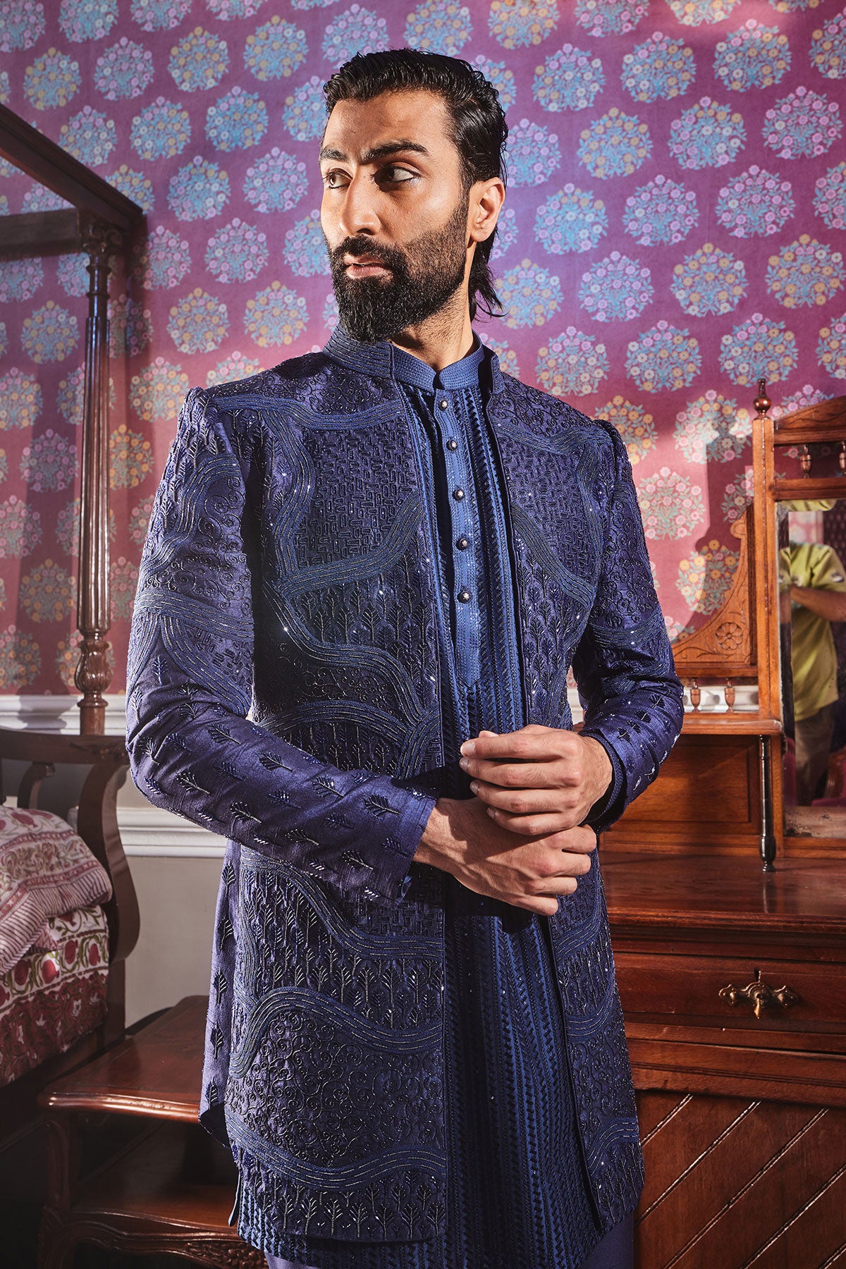 Navy Open Raw Silk Embroidered Indo-Western Set