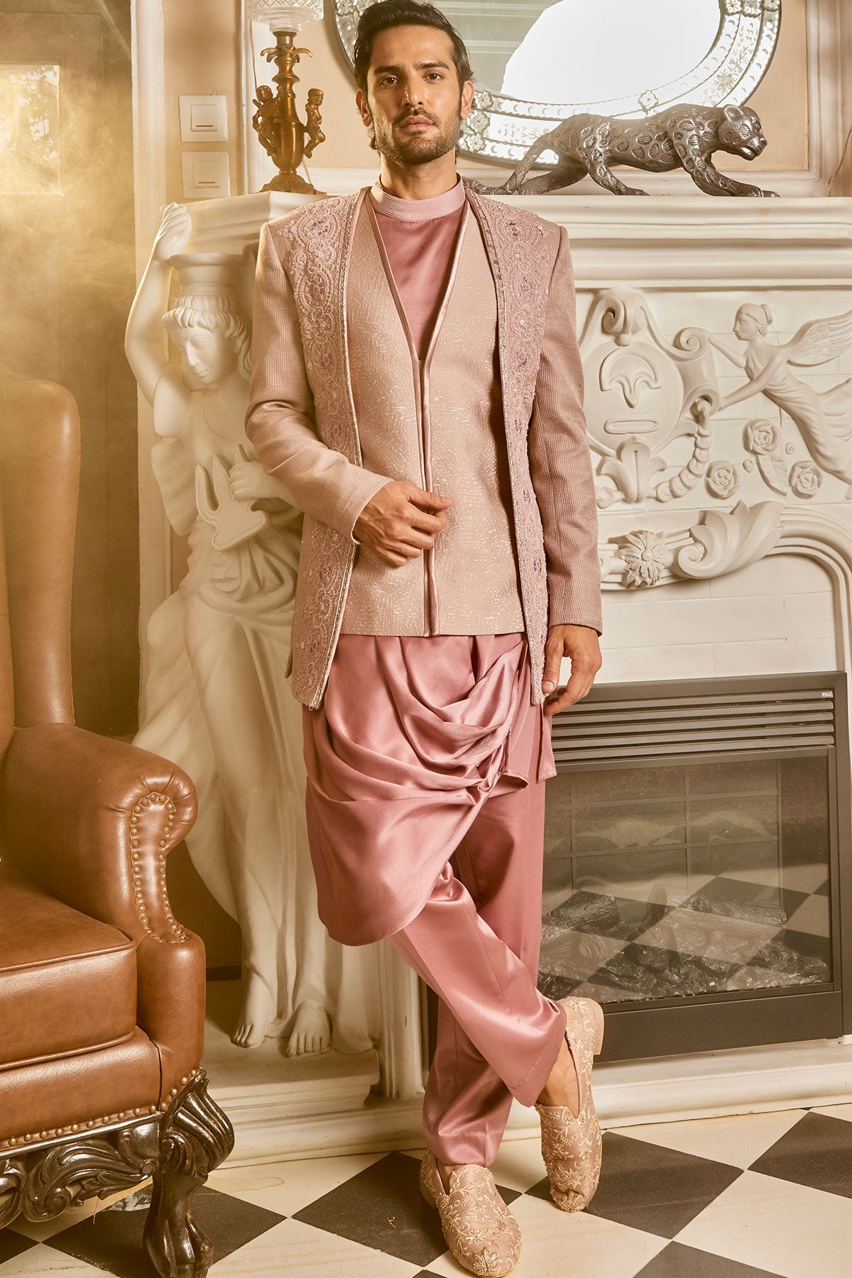 Lilac Silk Brocade Embroidered Bandhgala Set