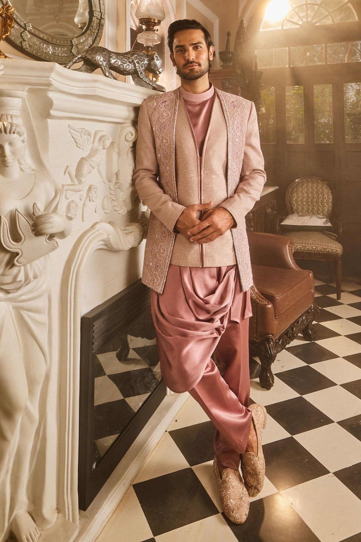 Lilac Silk Brocade Embroidered Bandhgala Set