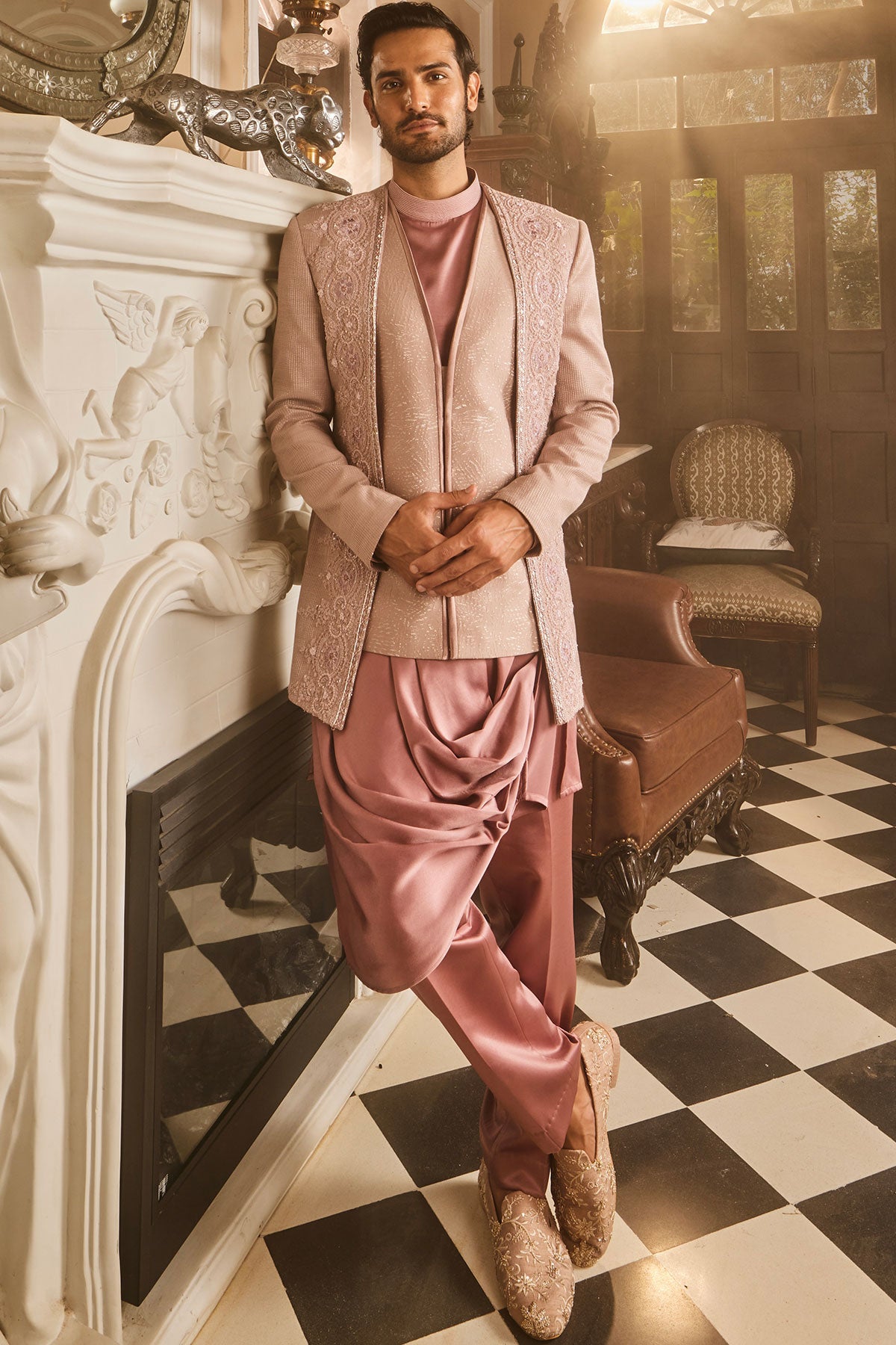 Lilac Silk Brocade Embroidered Bandhgala Set