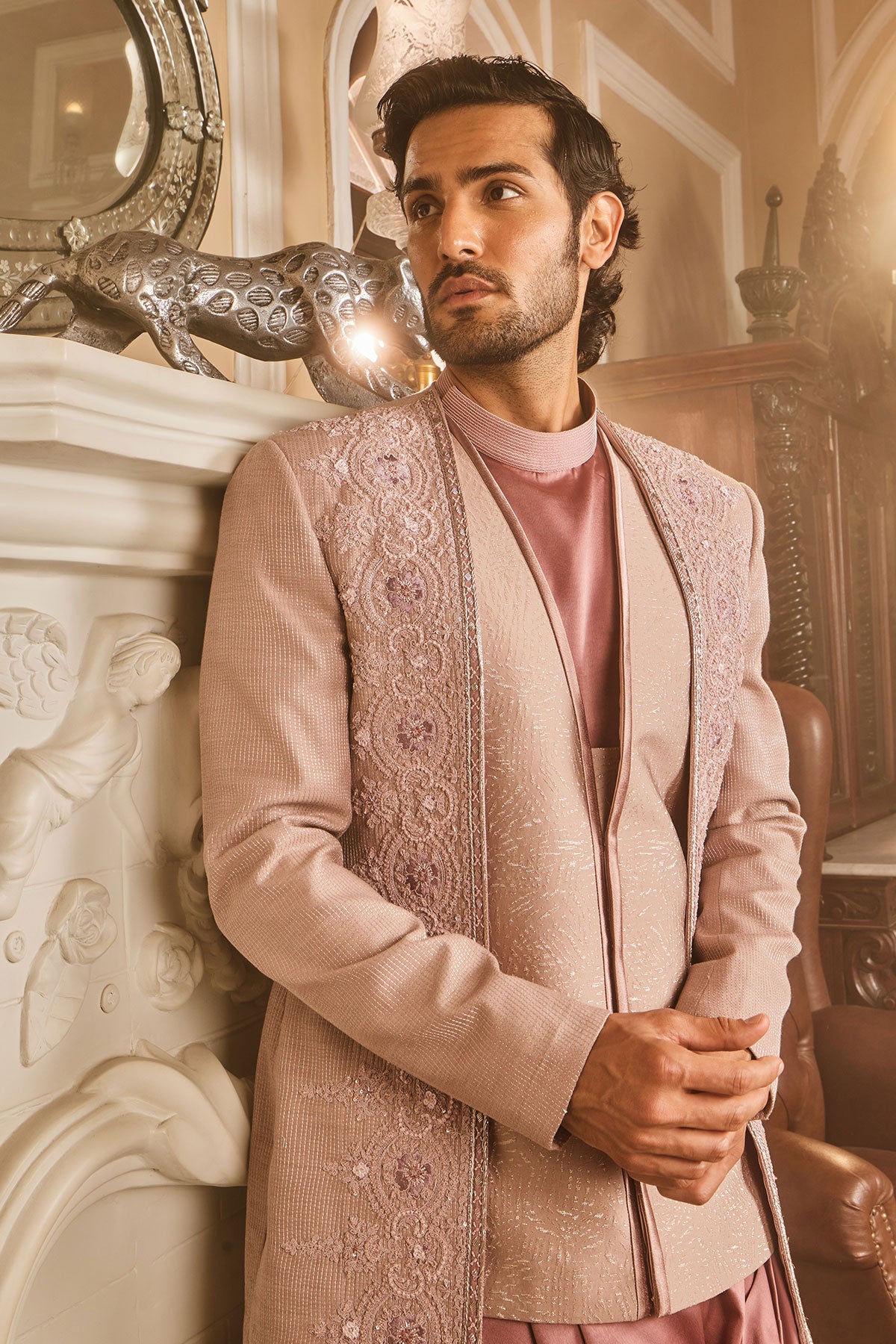 Lilac Silk Brocade Embroidered Bandhgala Set