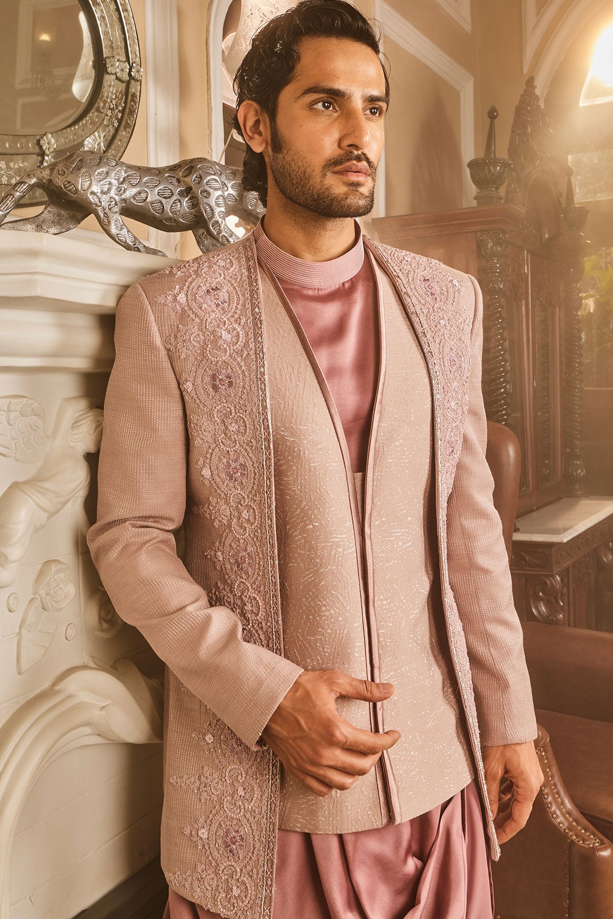 Lilac Silk Brocade Embroidered Bandhgala Set