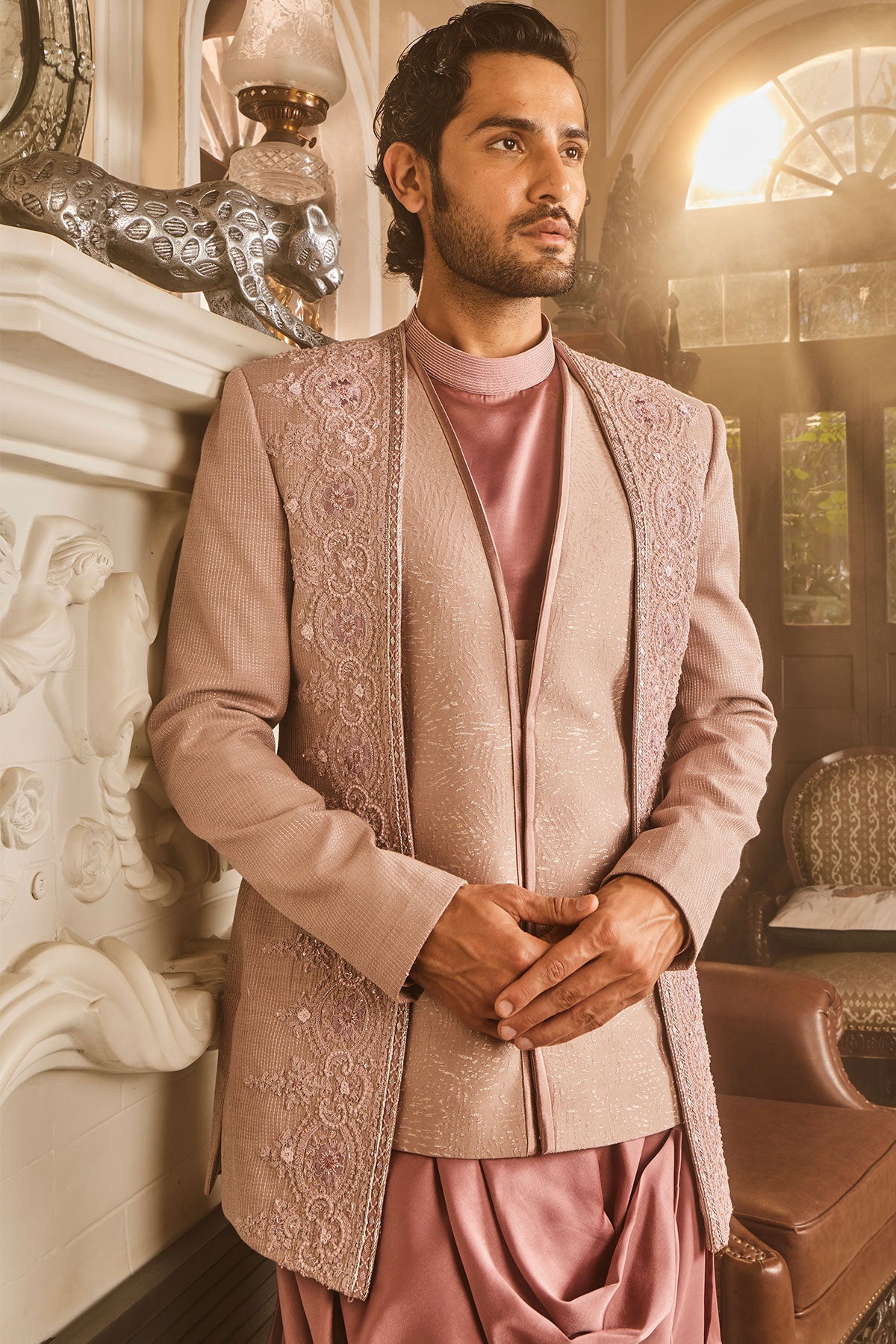 Lilac Silk Brocade Embroidered Bandhgala Set